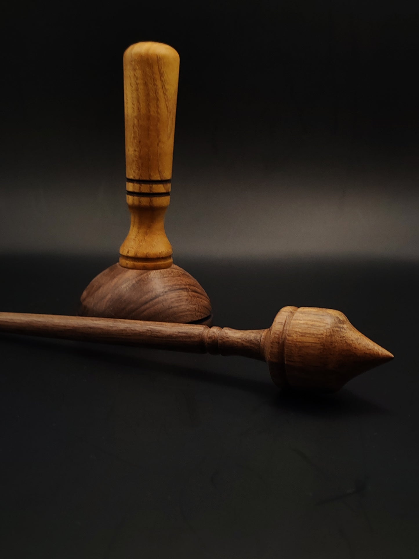 Walnut Support Spindle Set – 21g / 0.74oz, 27cm / 10.62in – With Mulberry & Walnut Support Bowl | Medium-Light Spindle for Supported Spinning | Kravelli Spindles