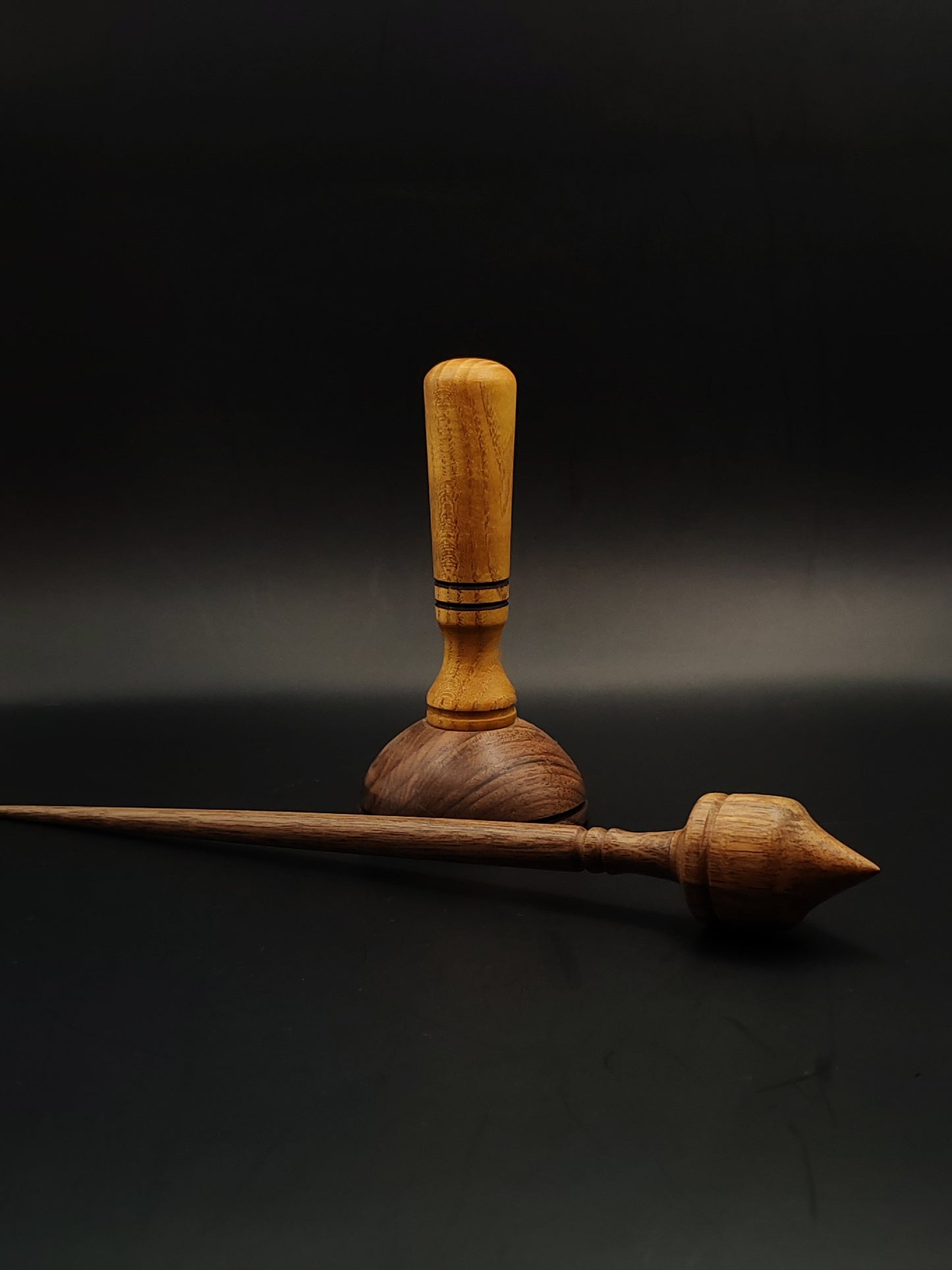 Walnut Support Spindle Set – 21g / 0.74oz, 27cm / 10.62in – With Mulberry & Walnut Support Bowl | Medium-Light Spindle for Supported Spinning | Kravelli Spindles