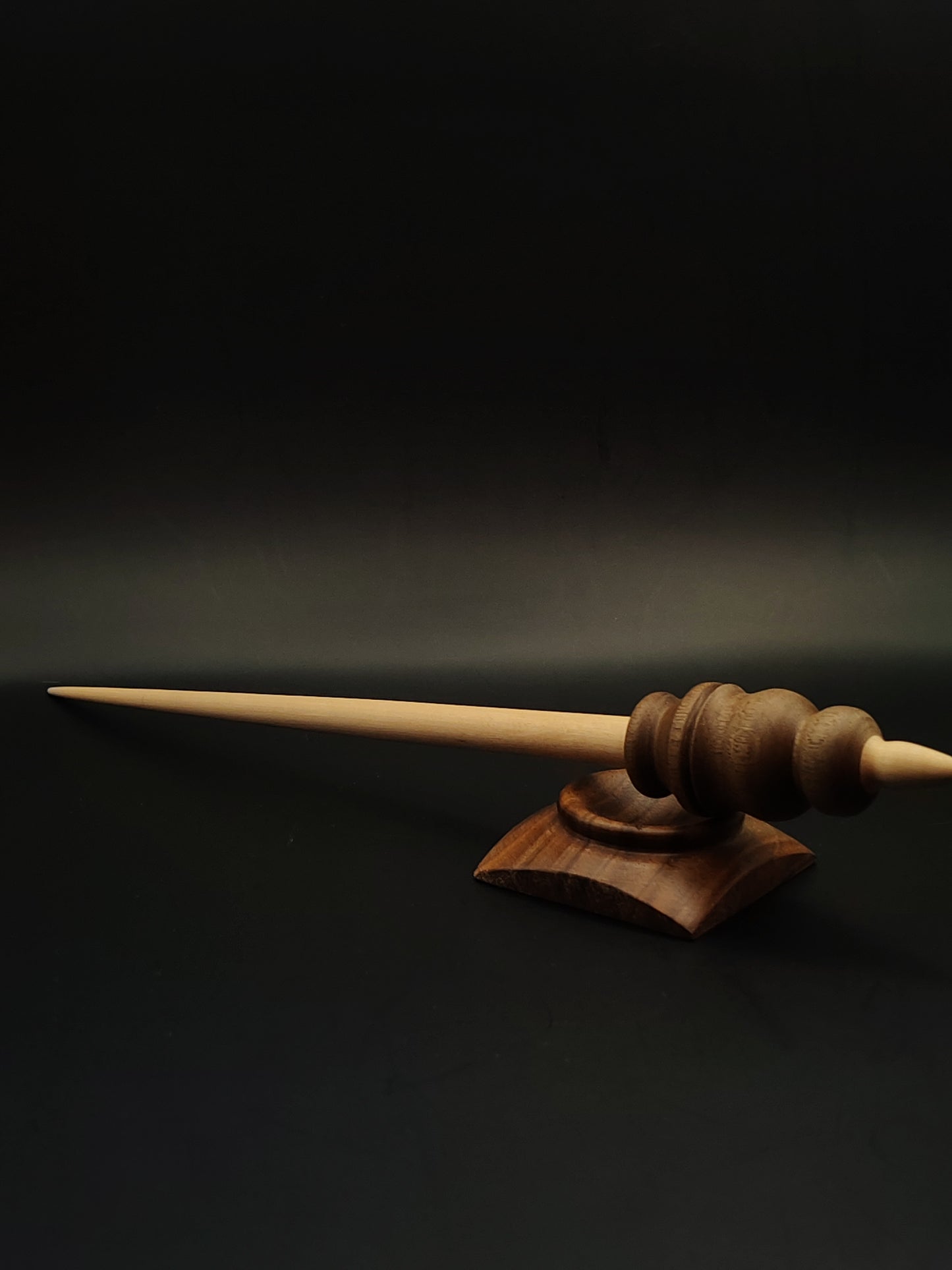 Support Spindle – Apple Shaft, Walnut Whorl – 28g / 0.98oz, 31cm / 12.2in – With Walnut Support Bowl | Long, Balanced Spindle for Supported Spinning | Kravelli Spindles