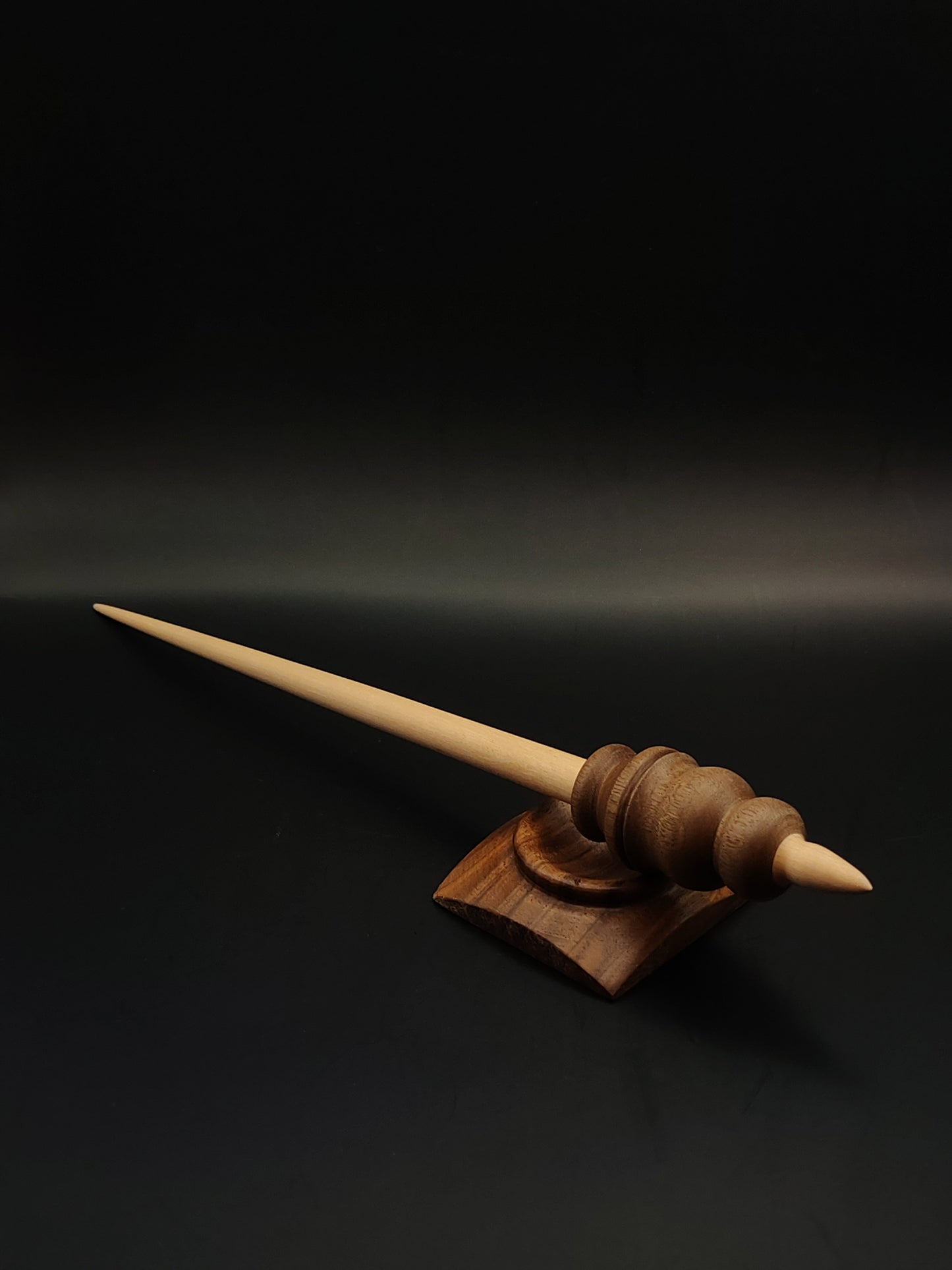 Support Spindle – Apple Shaft, Walnut Whorl – 28g / 0.98oz, 31cm / 12.2in – With Walnut Support Bowl | Long, Balanced Spindle for Supported Spinning | Kravelli Spindles