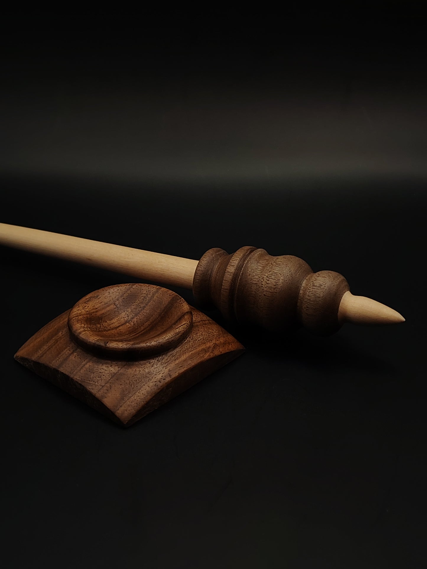 Support Spindle – Apple Shaft, Walnut Whorl – 28g / 0.98oz, 31cm / 12.2in – With Walnut Support Bowl | Long, Balanced Spindle for Supported Spinning | Kravelli Spindles