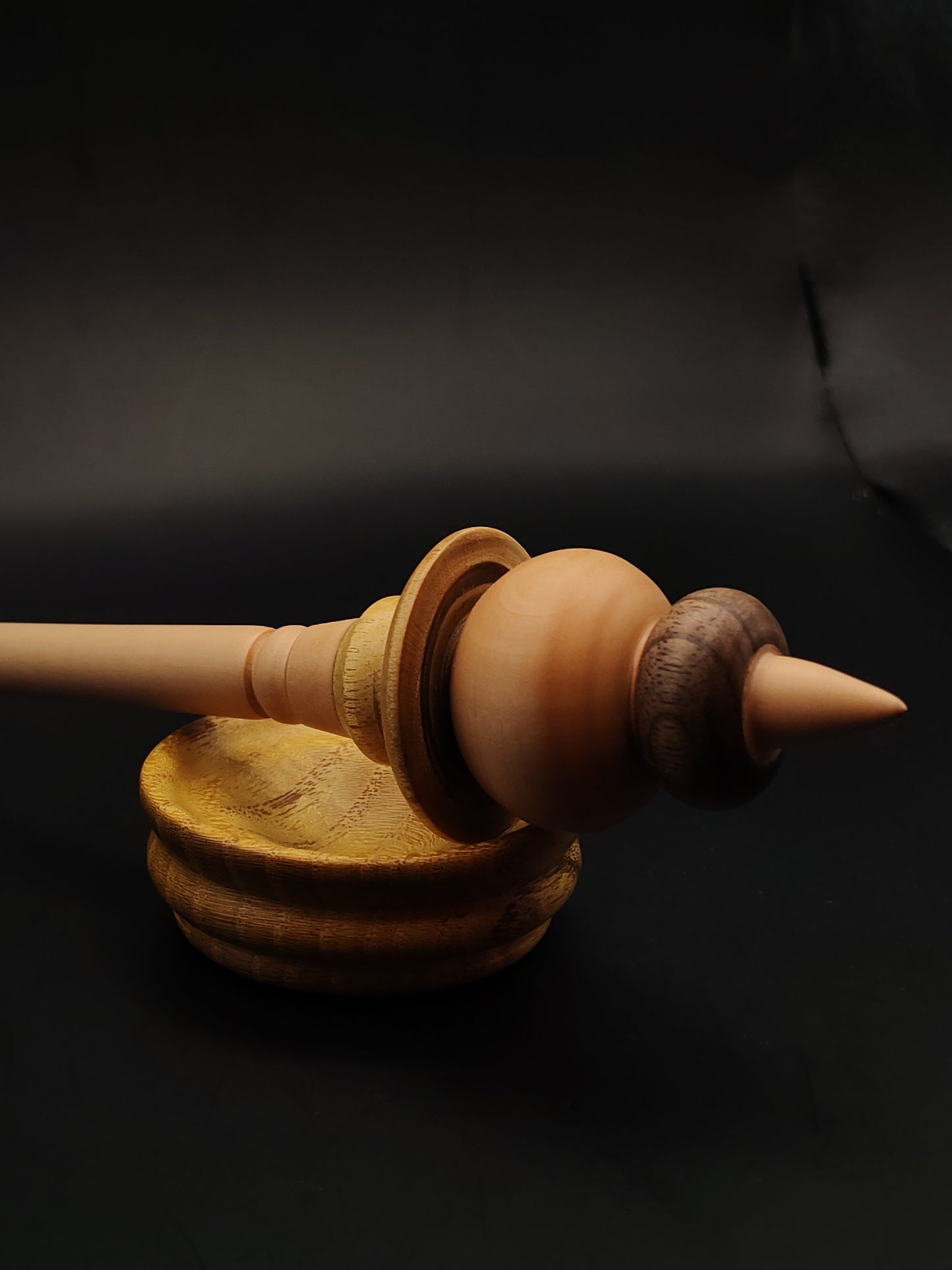 Support Spindle – Apple, Pear, Mulberry & Walnut Wood – 27g / 0.95oz, 27cm / 10.62in – With Mulberry Support Bowl | Artisan Mixed-Wood Spindle for Supported Spinning | Kravelli Spindles