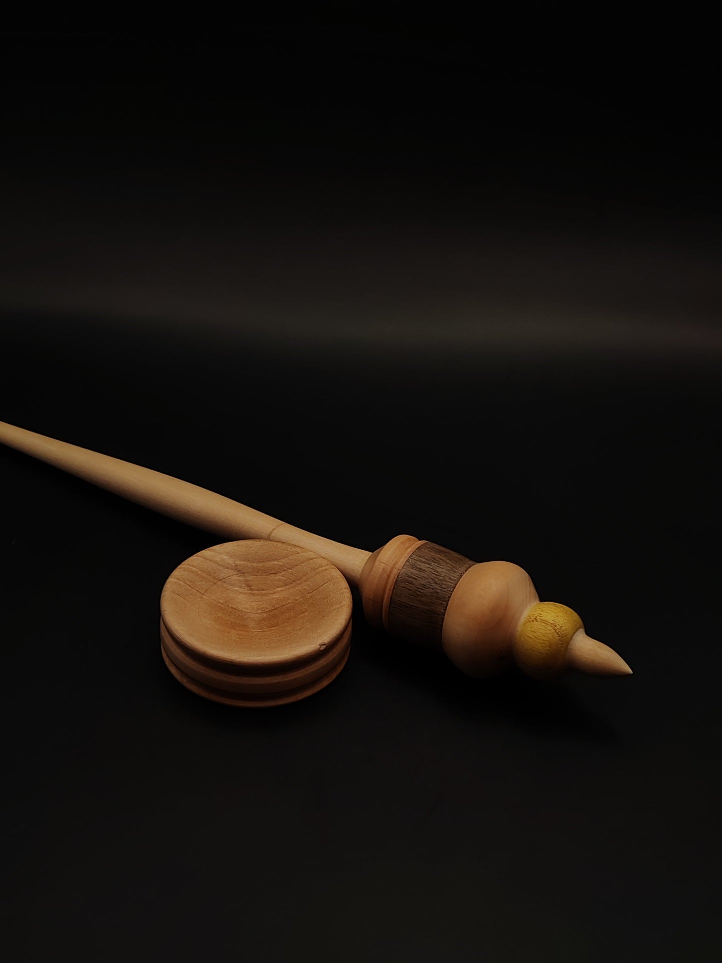 Support Spindle – Apple, Pear, Mulberry & Walnut Wood – 29g / 1.02oz, 30cm / 11.81in – With Pear Support Bowl | Mixed-Wood Spindle for Supported Spinning | Kravelli Spindles