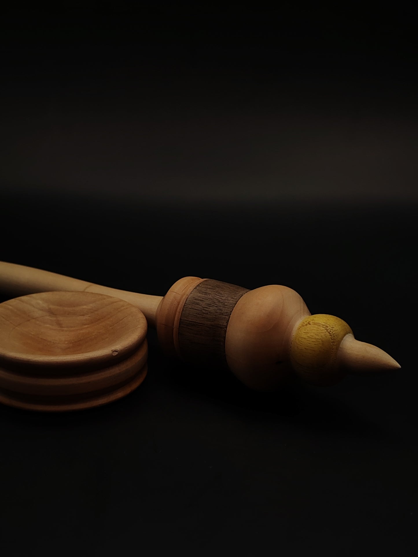 Support Spindle – Apple, Pear, Mulberry & Walnut Wood – 29g / 1.02oz, 30cm / 11.81in – With Pear Support Bowl | Mixed-Wood Spindle for Supported Spinning | Kravelli Spindles