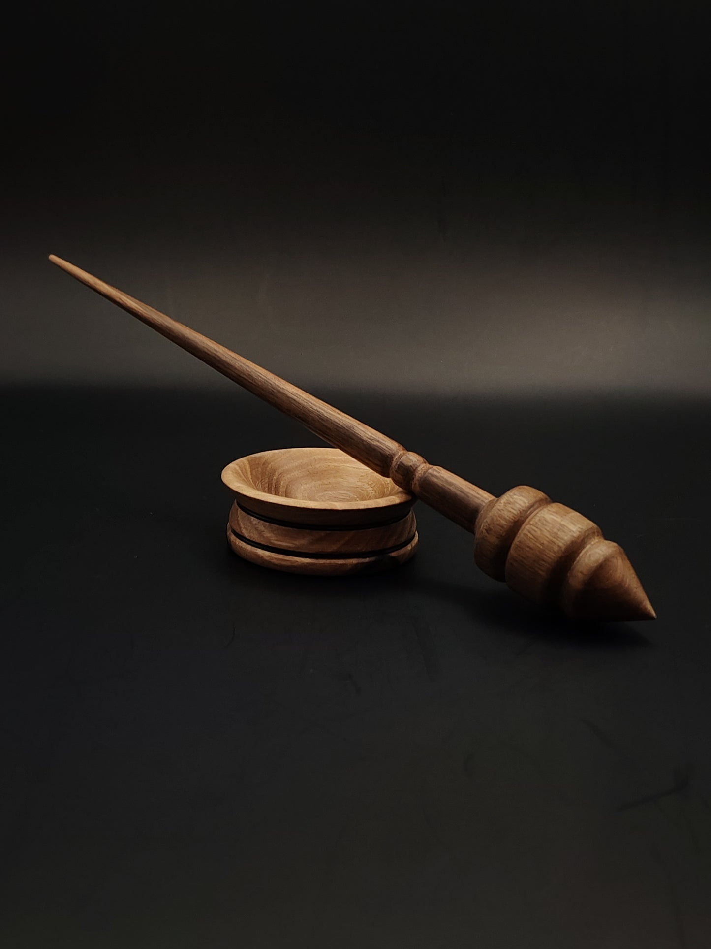 Walnut Support Spindle Set – 15g / 0.53oz, 23cm / 9.05in – With Walnut Support Bowl | Lightweight Spindle for Fine Supported Spinning | Kravelli Spindles