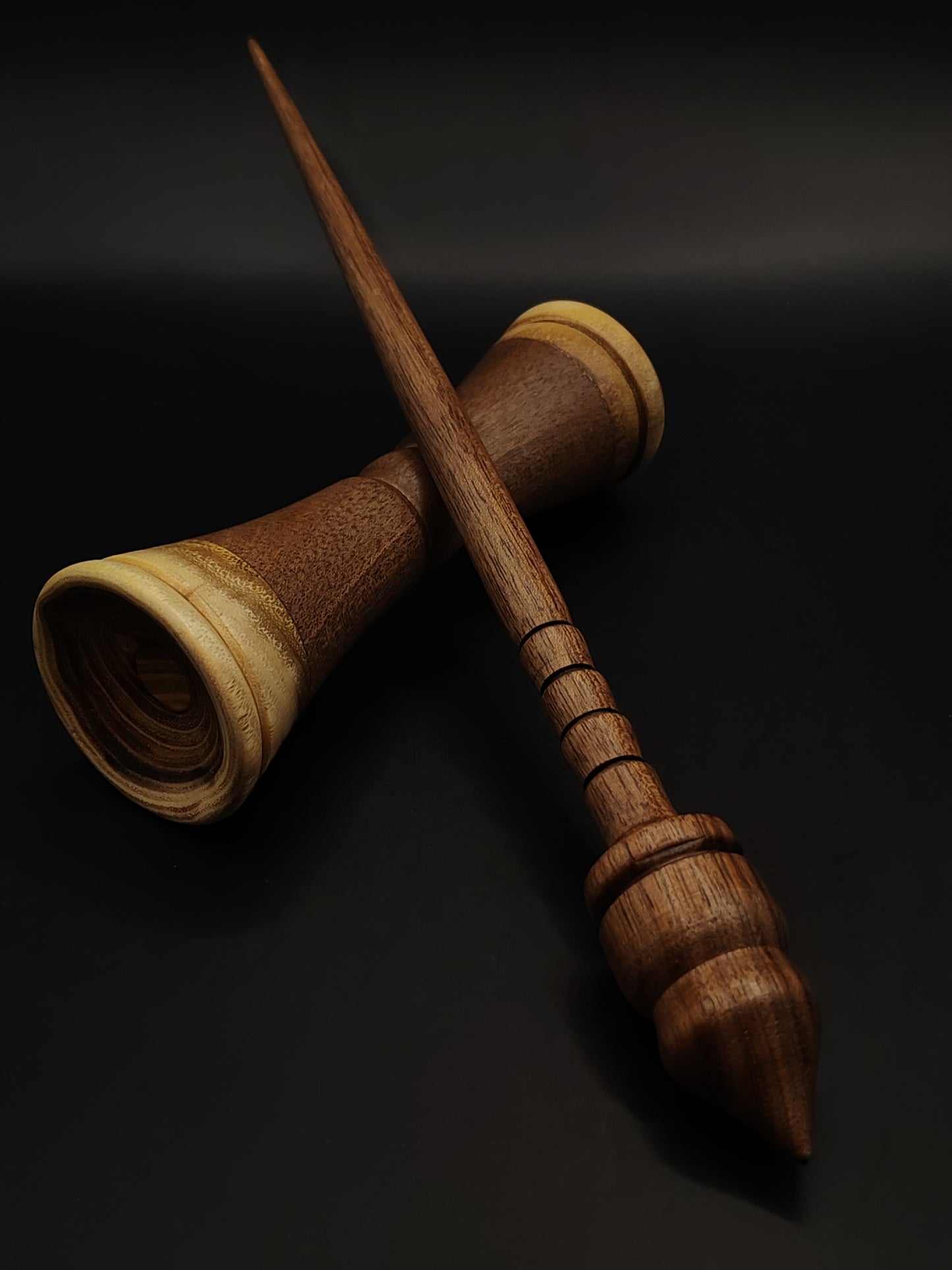 Support Spindle – 18g / 0.63oz, 25.5cm / 10.03in – Walnut Wood | With Acacia & Walnut Lap Bowl | Lightweight Hand Spindle Set | Kravelli