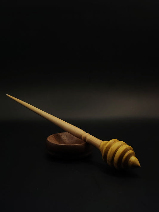 Support Spindle – 16g / 0.56oz, 23.5cm / 9.25in – Apple & Mulberry Wood | With Walnut Support Bowl | Lightweight Spindle for Supported Spinning | Kravelli Spindles