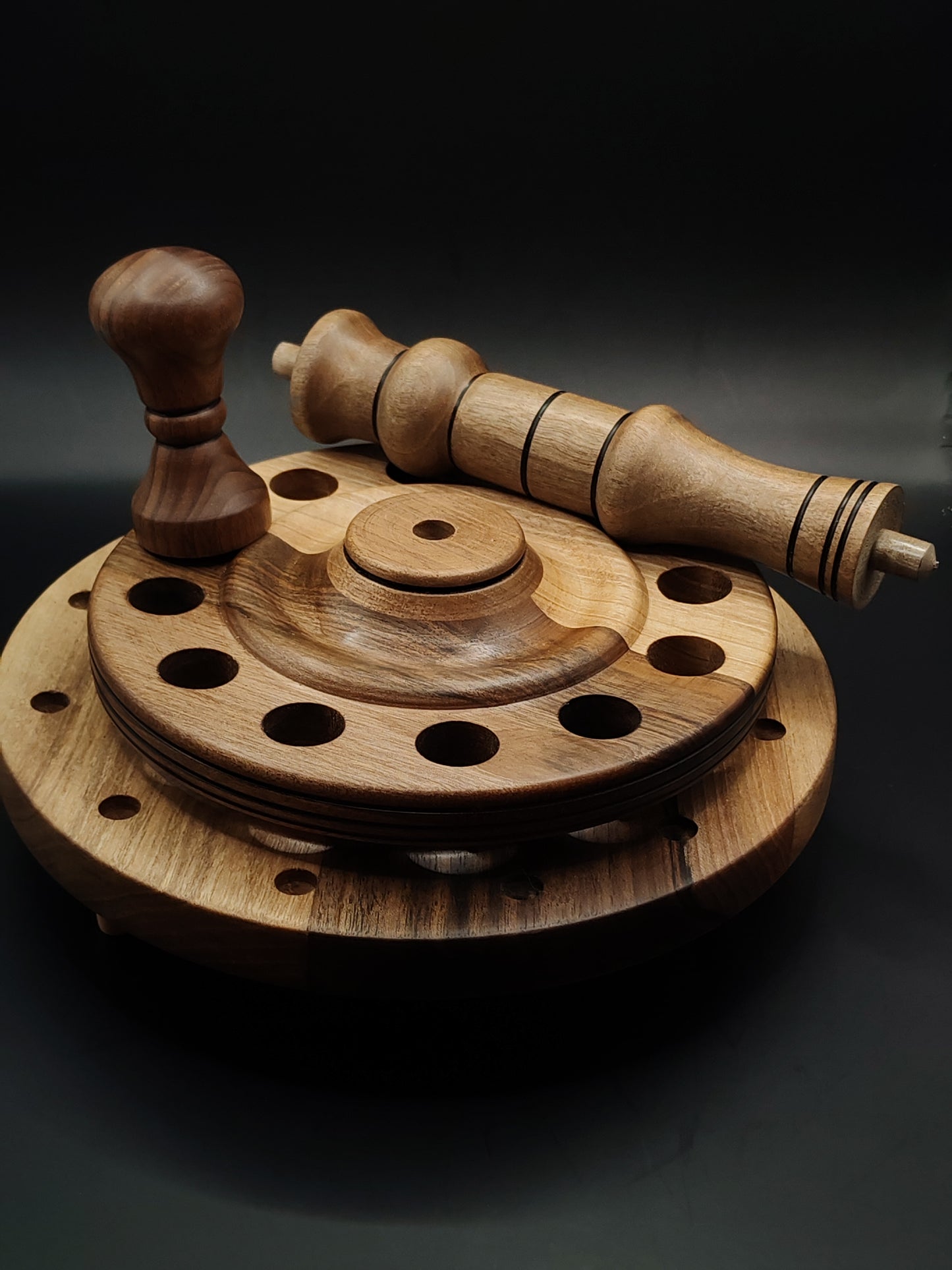 12-Spindle Stand – All-Walnut Wood | Drop & Support Spindle Organizer | Rotating Display for Spindles | Kravelli Artisan Tool Rack