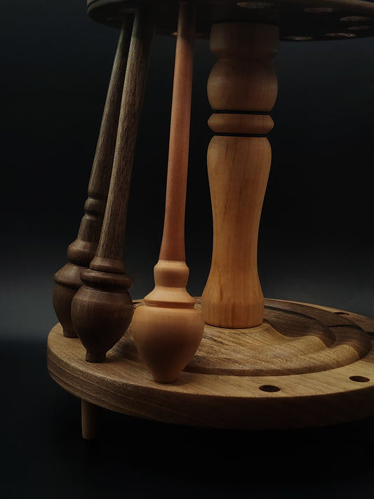 12-Spindle Stand – Walnut, Pear & Oak Wood | Rotating Display for Drop & Support Spindles | Wooden Organizer by Kravelli