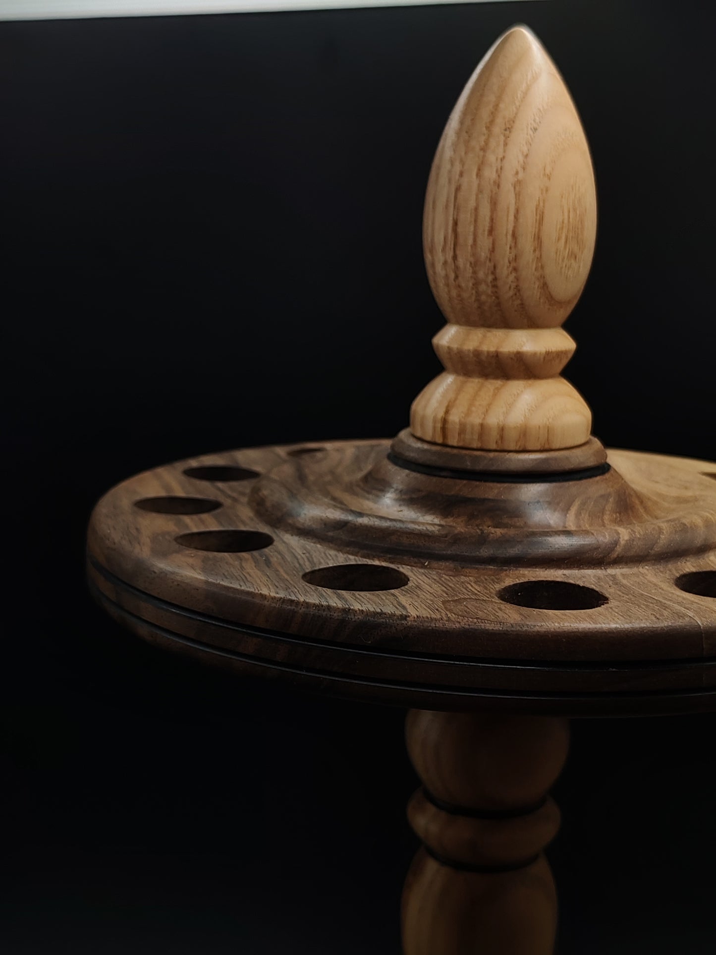12-Spindle Stand – Walnut & Oak Wood | Rotating Yarn Tool Display for Drop & Support Spindles | Kravelli Handcrafted Organizer