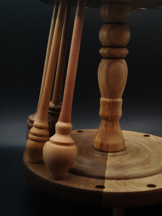 12-Spindle Stand – Walnut & Oak Wood | Rotating Yarn Tool Display for Drop & Support Spindles | Kravelli Handcrafted Organizer