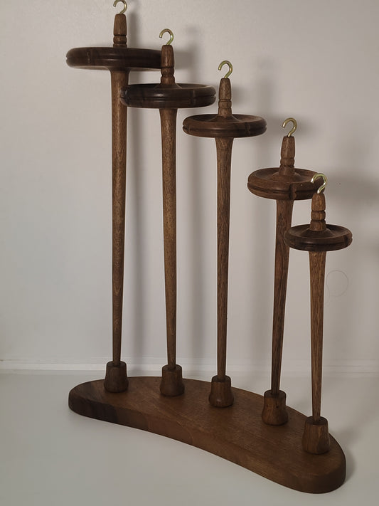 Complete Drop Spindle Set – 5 Walnut Wood Spindles + Matching Stand | Full Weight Range | Handcrafted Spinning Tools | Kravelli