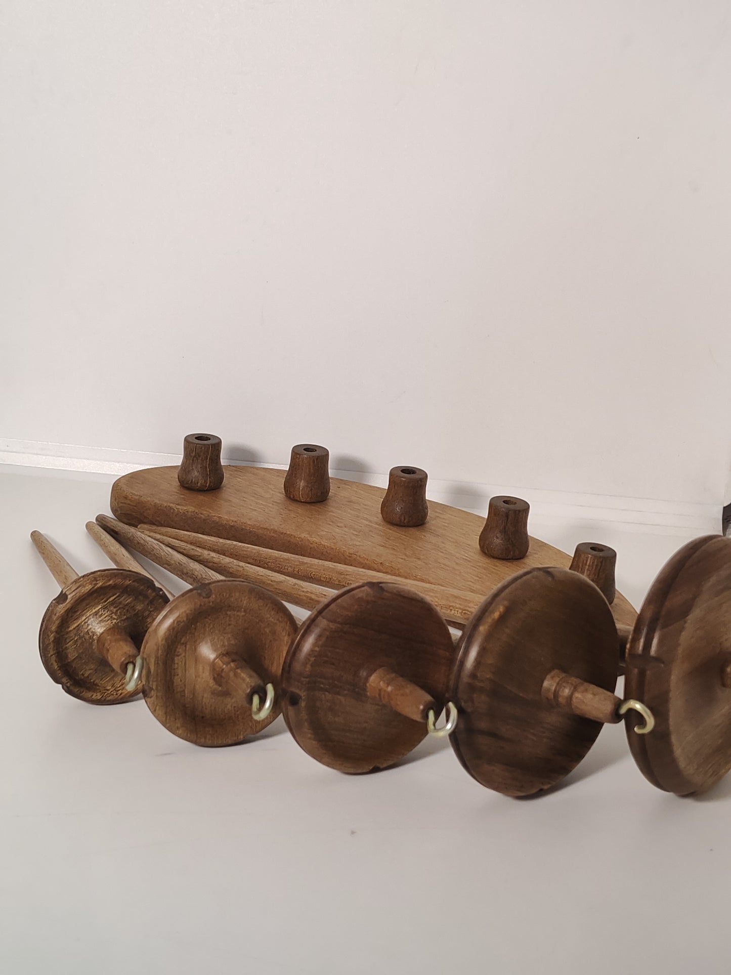 5-Piece Walnut Drop Spindle Collection with Stand | Organic Wax Finish | Spinning & Plying Set | Handmade by Kravelli