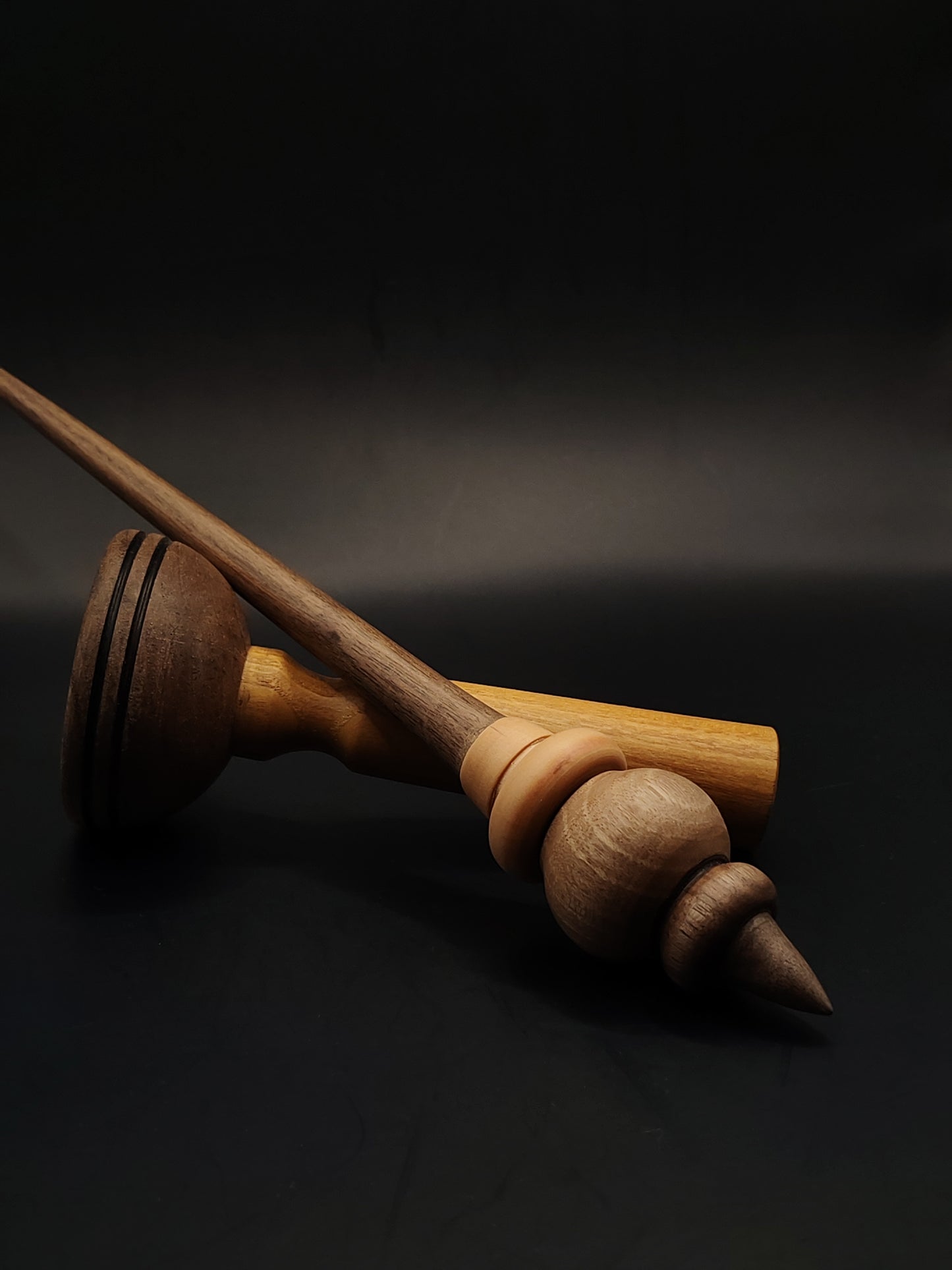 Support Spindle – 33g / 1.16oz, 28cm / 11in | Walnut & Apple Wood | With Walnut & Mulberry Lap Bowl | Hand turned Spinning Tool | Kravelli