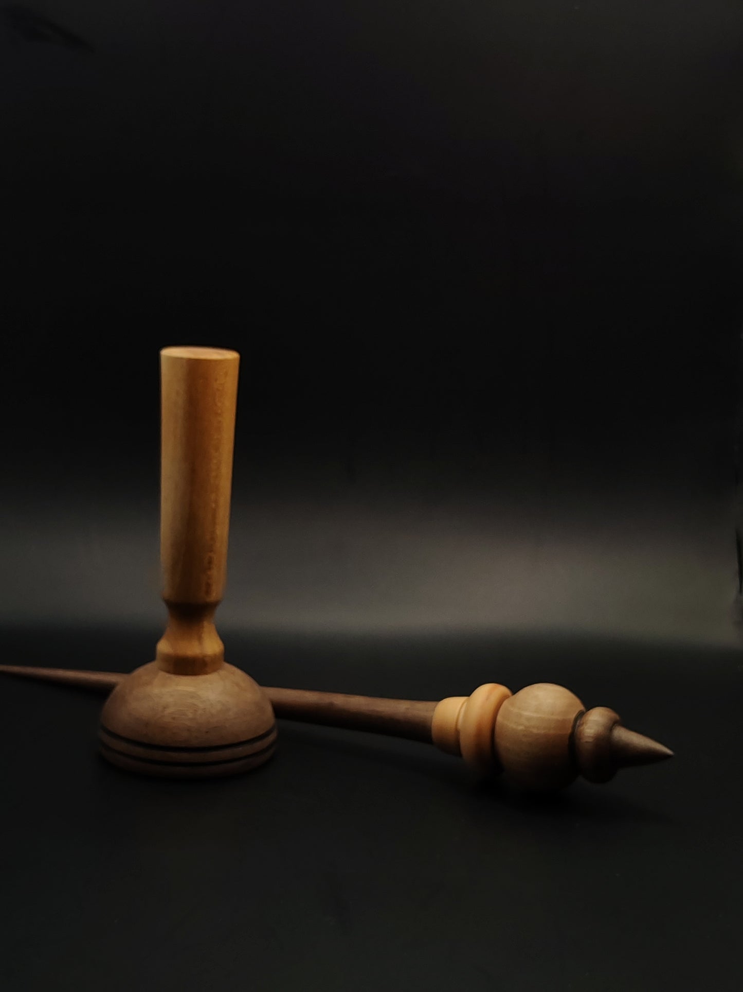 Support Spindle – 33g / 1.16oz, 28cm / 11in | Walnut & Apple Wood | With Walnut & Mulberry Lap Bowl | Hand turned Spinning Tool | Kravelli