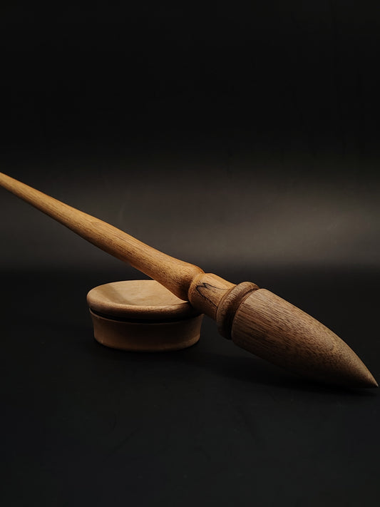 Support Spindle for Yarn Spinning – Alder Shaft & Grey Walnut Whorl (27.5 cm, 26 g) | Artisan Goddess Spindle Set with Pear Support Bowl