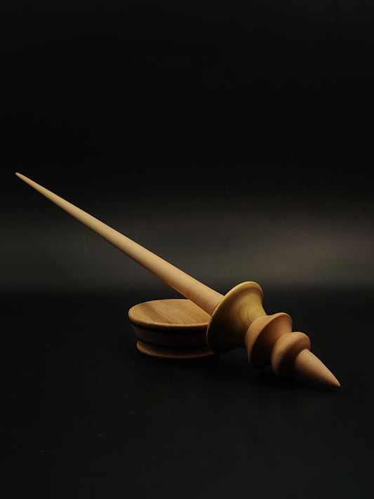 Artisan Support Spindle for Yarn Spinning – 23g / 27.5cm (0.81oz / 10.8in) – Pear & Mulberry Wood with Oak Support Bowl