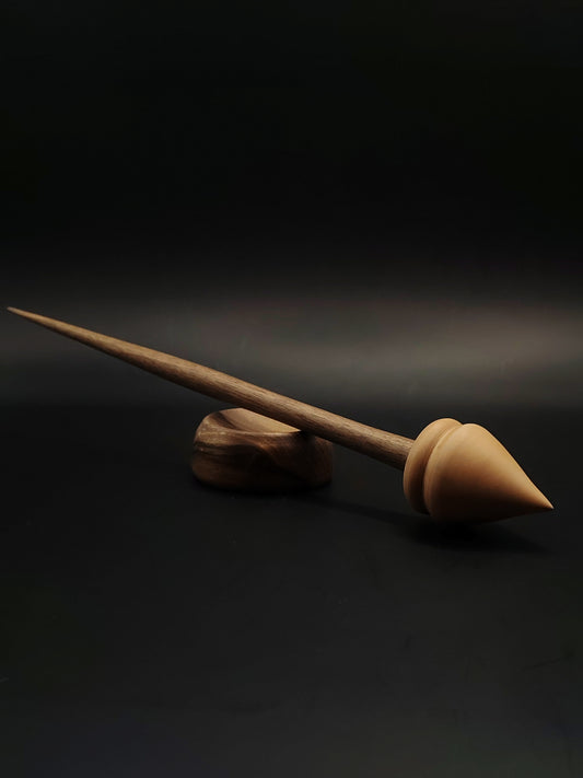 Support Spindle for Yarn Spinning – 29g / 28cm (1.02oz / 11in) – Walnut Shaft & Apple Whorl – with Walnut Support Bowl