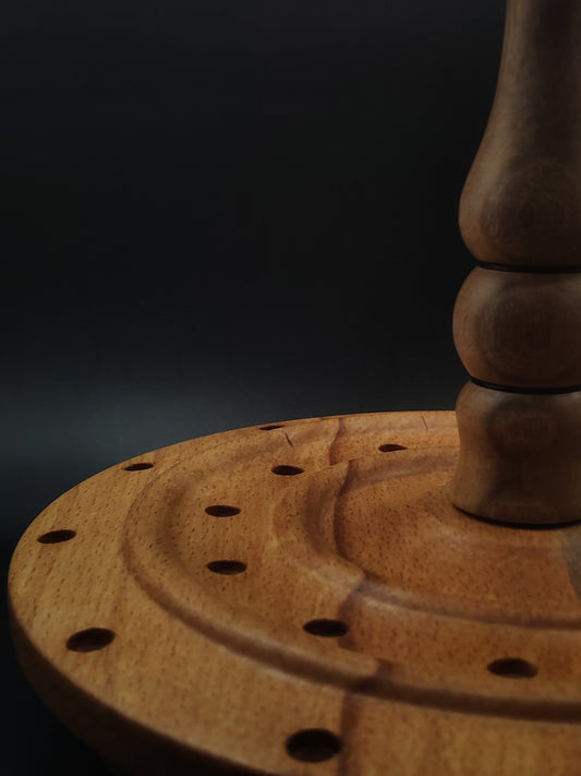 Rotating Spindle Stand – Holds 24 Drop & Support Spindles | Walnut & Beech Wood | 17 cm Height | Handcrafted by Kravelli