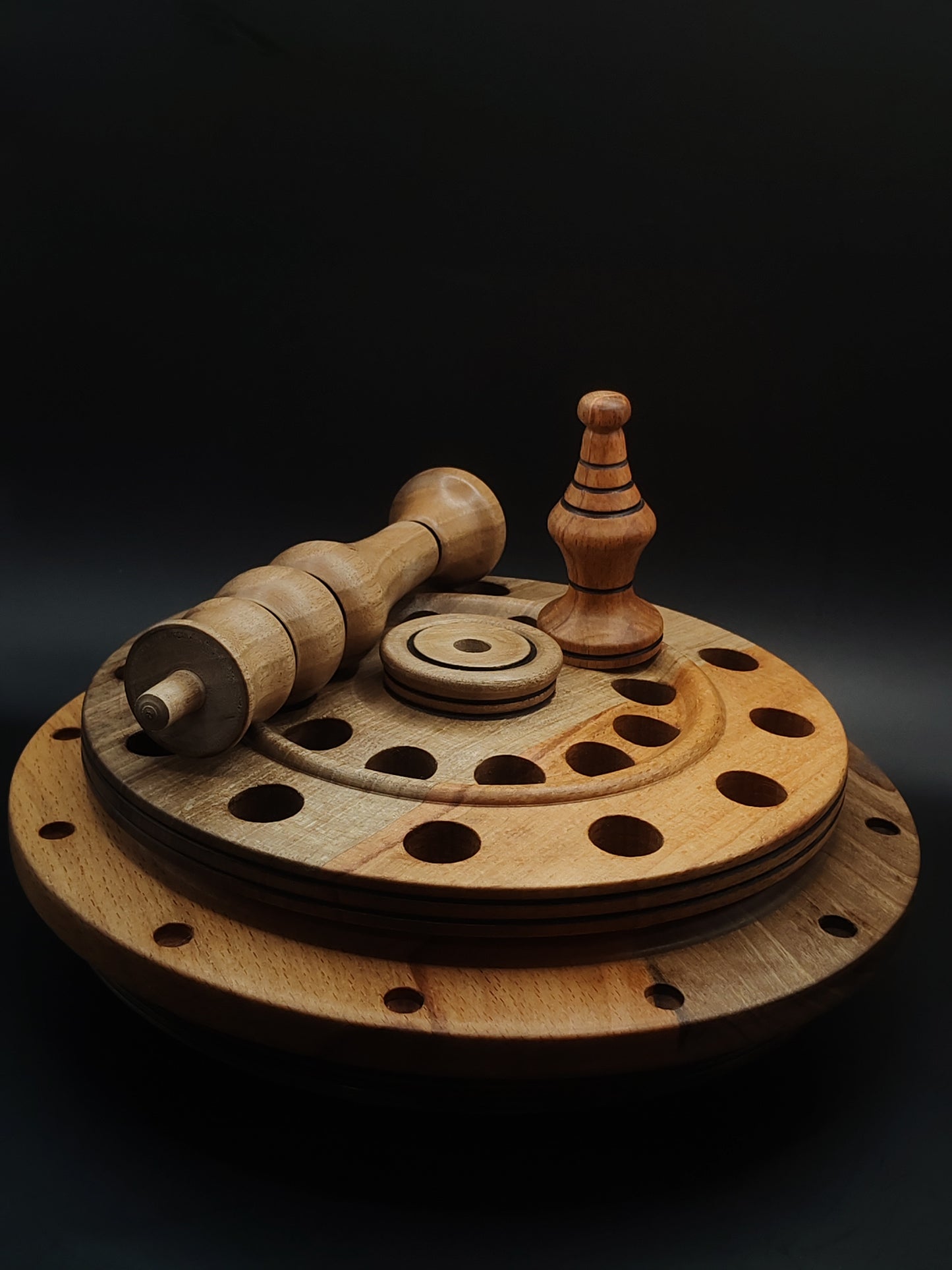 Rotating Spindle Stand – Holds 24 Drop & Support Spindles | Walnut & Beech Wood | 17 cm Height | Handcrafted by Kravelli