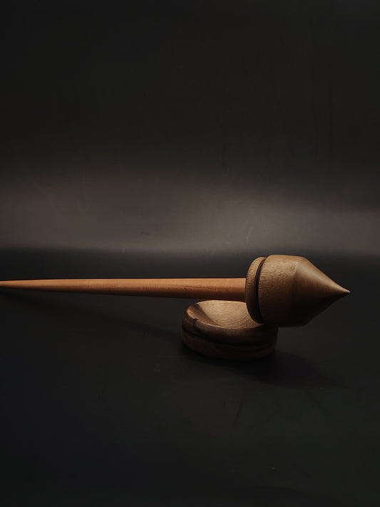 Support Spindle for Yarn Spinning – Walnut Whorl & Mulberry Shaft | 26 cm (37 g) | Set with Walnut Support Bowl | Handcrafted by Kravelli