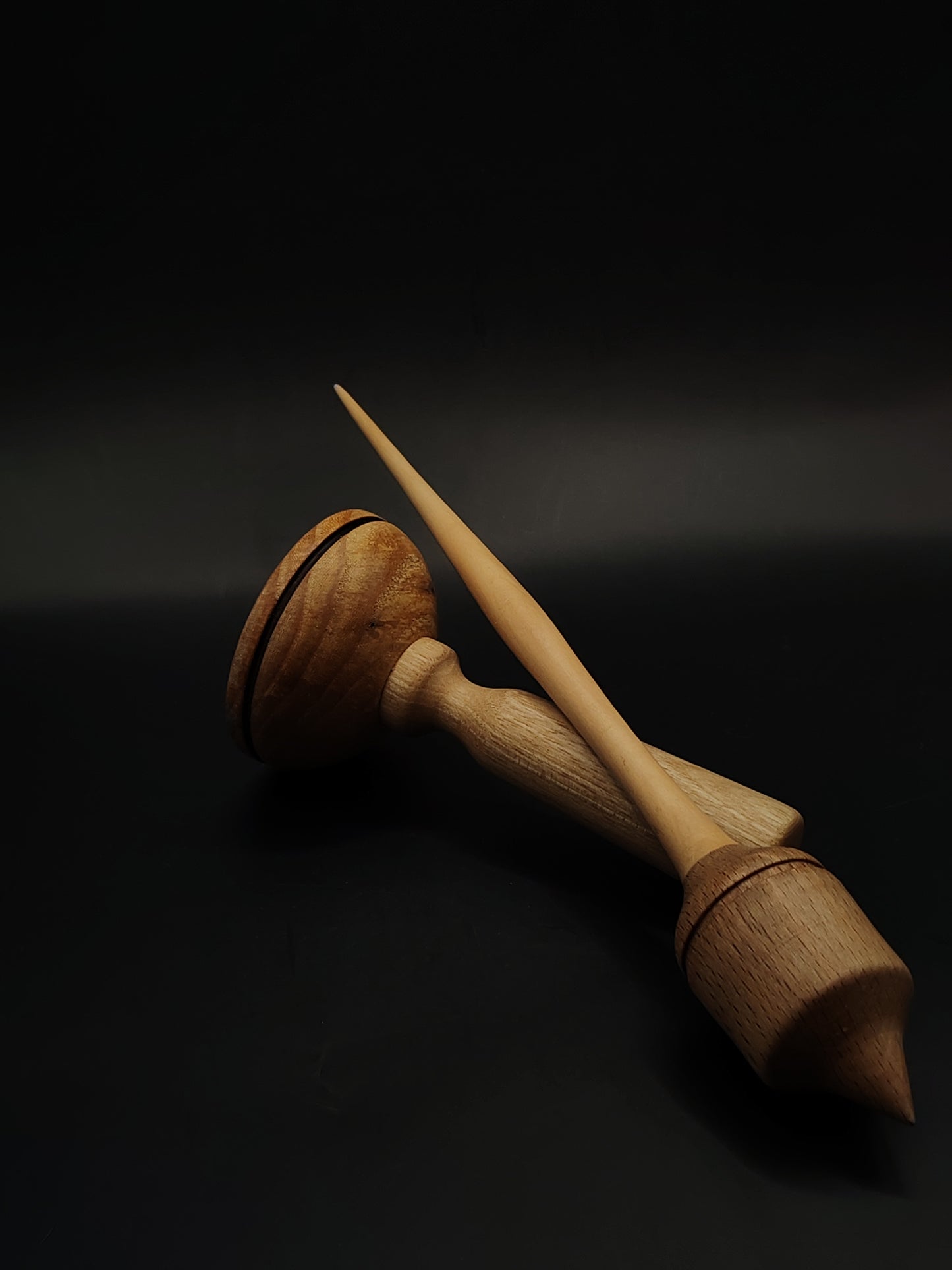 Support Spindle for Yarn Spinning – Pear Shaft & Beech Whorl | 26 cm (33 g) | Set with Oak & Pear Lap Support Bowl | Handmade by Kravelli