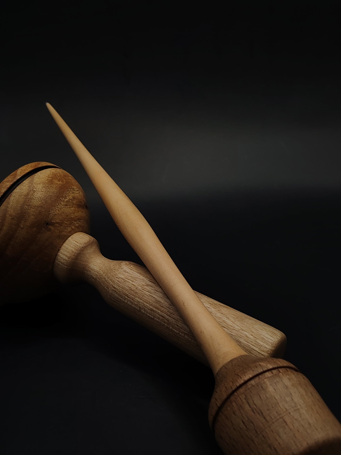 Support Spindle for Yarn Spinning – Pear Shaft & Beech Whorl | 26 cm (33 g) | Set with Oak & Pear Lap Support Bowl | Handmade by Kravelli