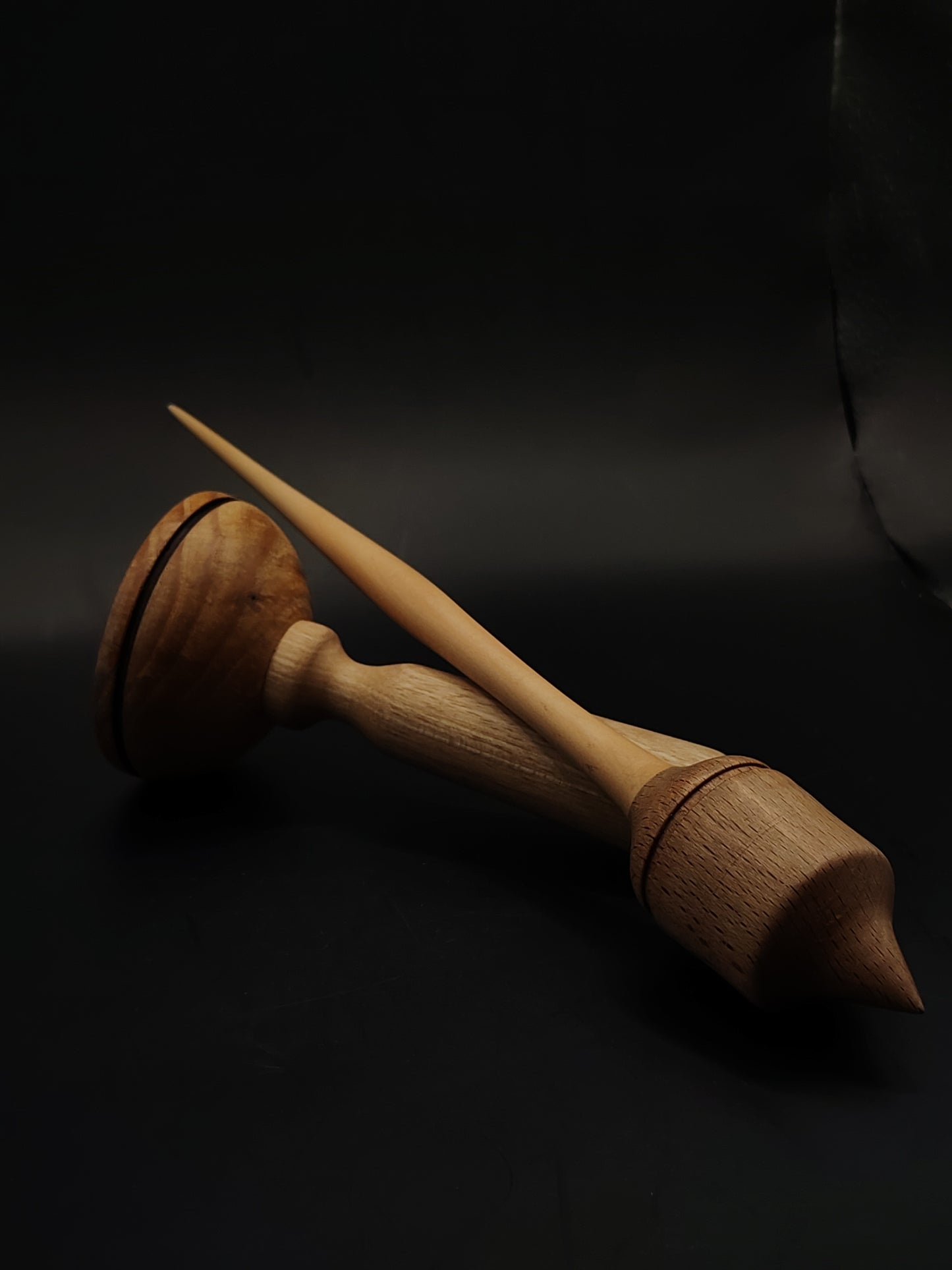 Support Spindle for Yarn Spinning – Pear Shaft & Beech Whorl | 26 cm (33 g) | Set with Oak & Pear Lap Support Bowl | Handmade by Kravelli