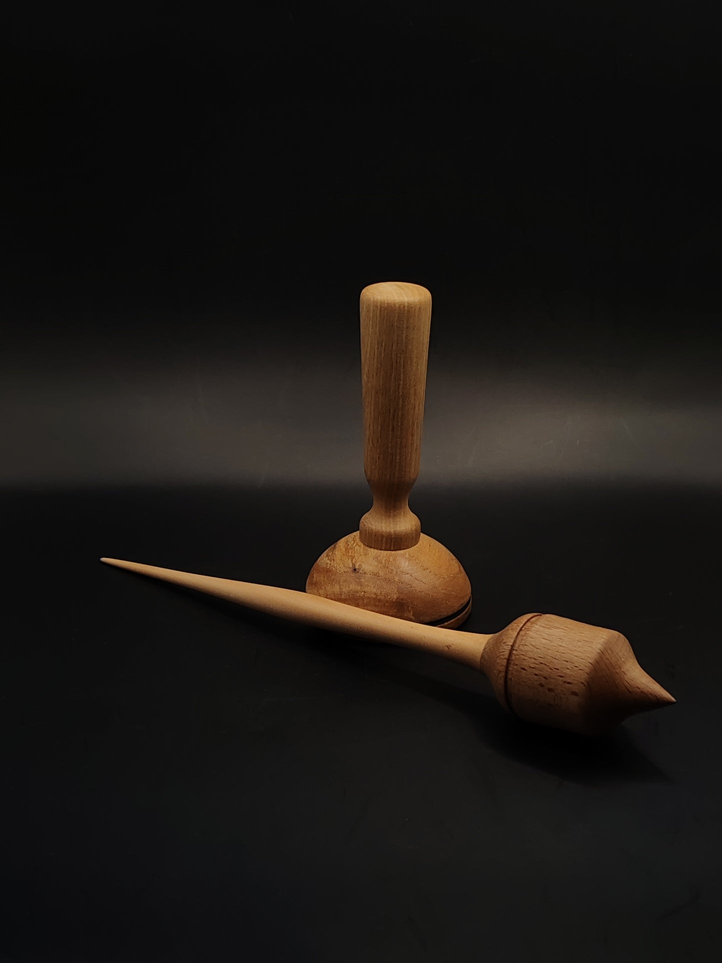 Support Spindle for Yarn Spinning – Pear Shaft & Beech Whorl | 26 cm (33 g) | Set with Oak & Pear Lap Support Bowl | Handmade by Kravelli