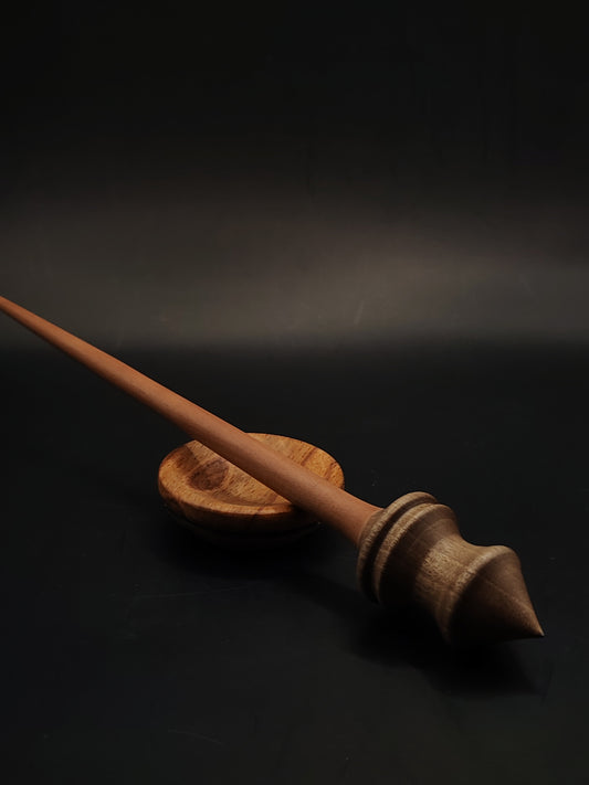 Support Spindle for Yarn Spinning – Walnut Whorl & Mulberry Shaft | 25.5 cm (22 g) | Set with Beech Support Bowl | Handcrafted by Kravelli