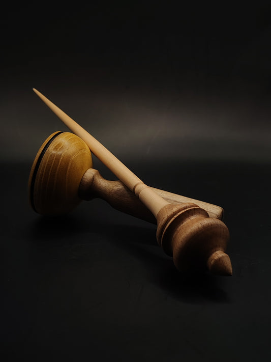 Support Spindle – Apple Shaft & Beech Whorl (28 cm / 11″, 28 g / 0.99 oz) + Mulberry/Walnut Lap Bowl | Artisan Handmade by Kravelli
