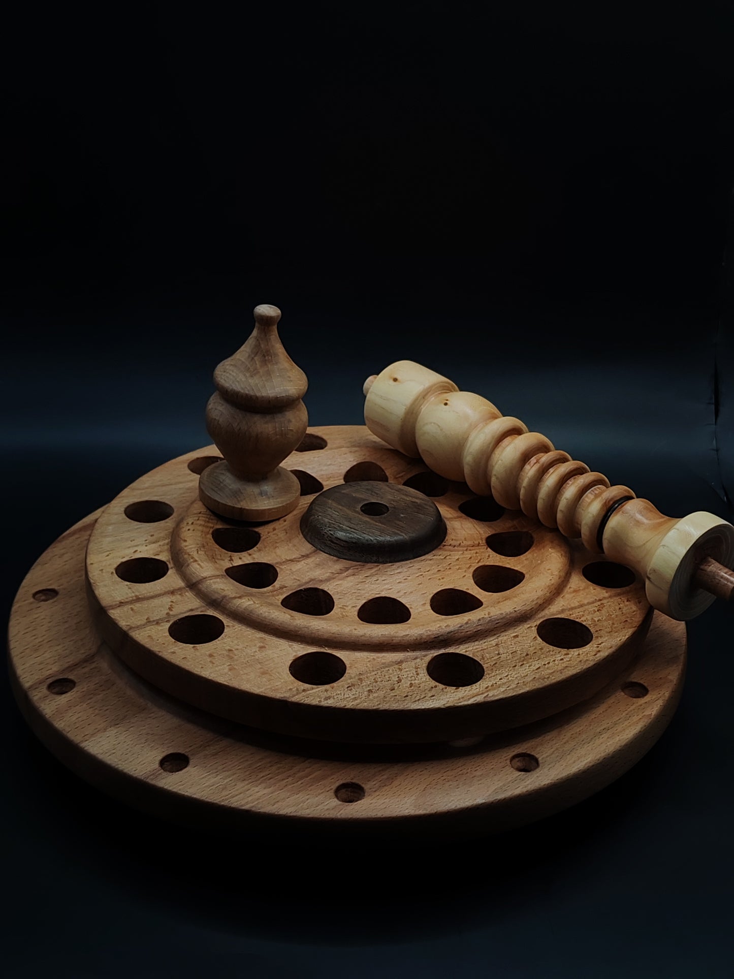 24-Spindle Stand – Steamed Beech, Walnut & Elm | Non-Rotating Organizer for Drop & Support Spindles | Kravelli Artisan Display