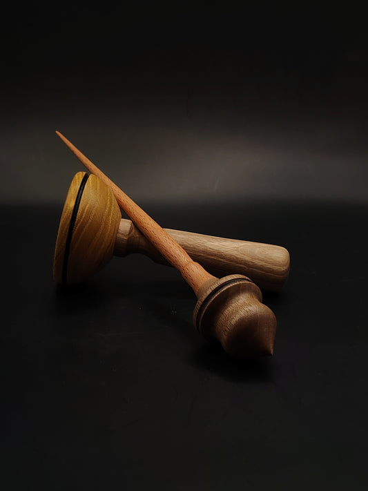 Support Spindle Set – Beech Shaft & Walnut Whorl (24.5 cm / 24 g) + Mulberry-Walnut Lap Bowl | Yarn Spinning Tool