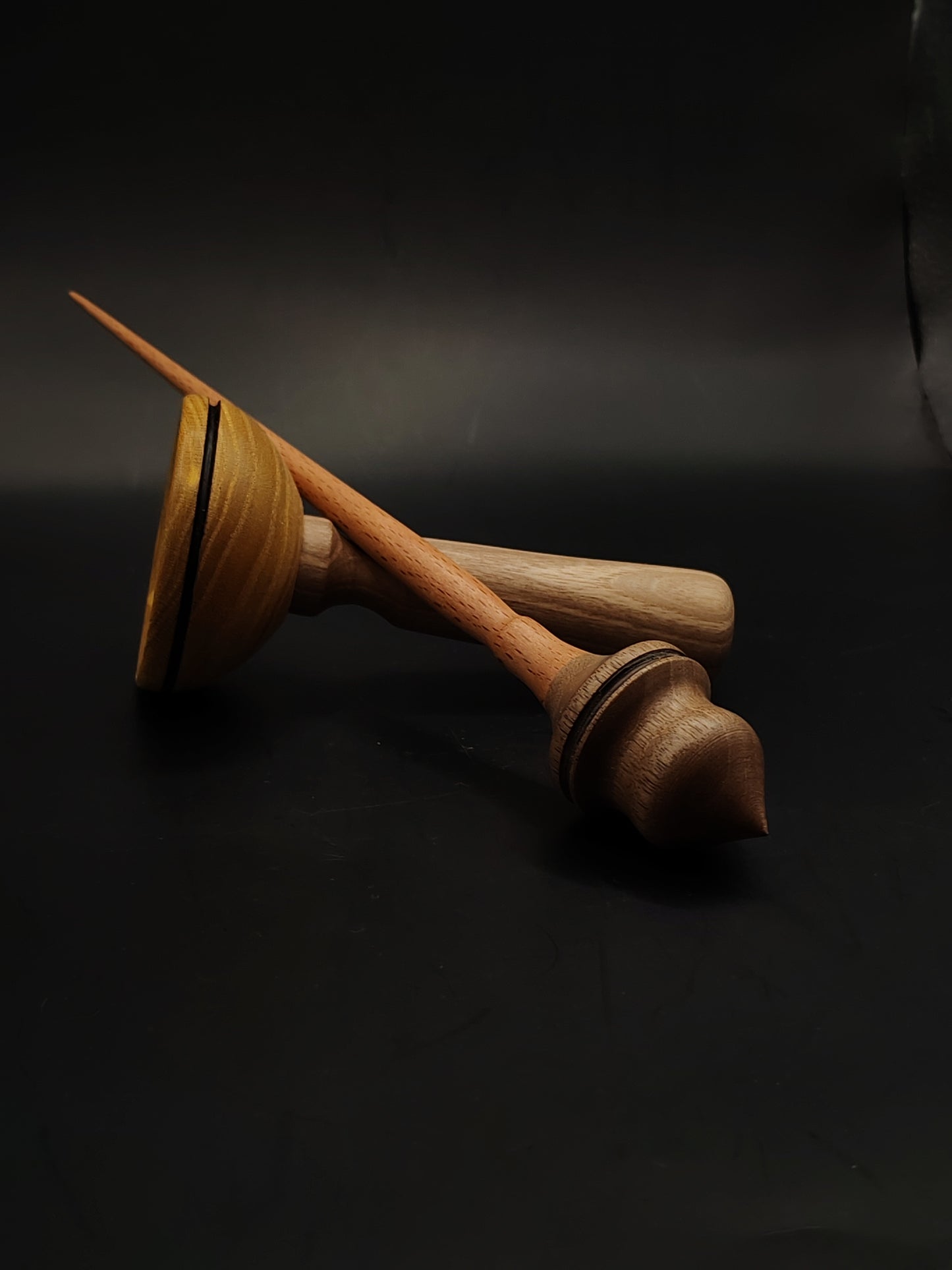 Support Spindle Set – Beech Shaft & Walnut Whorl (24.5 cm / 24 g) + Mulberry-Walnut Lap Bowl | Yarn Spinning Tool