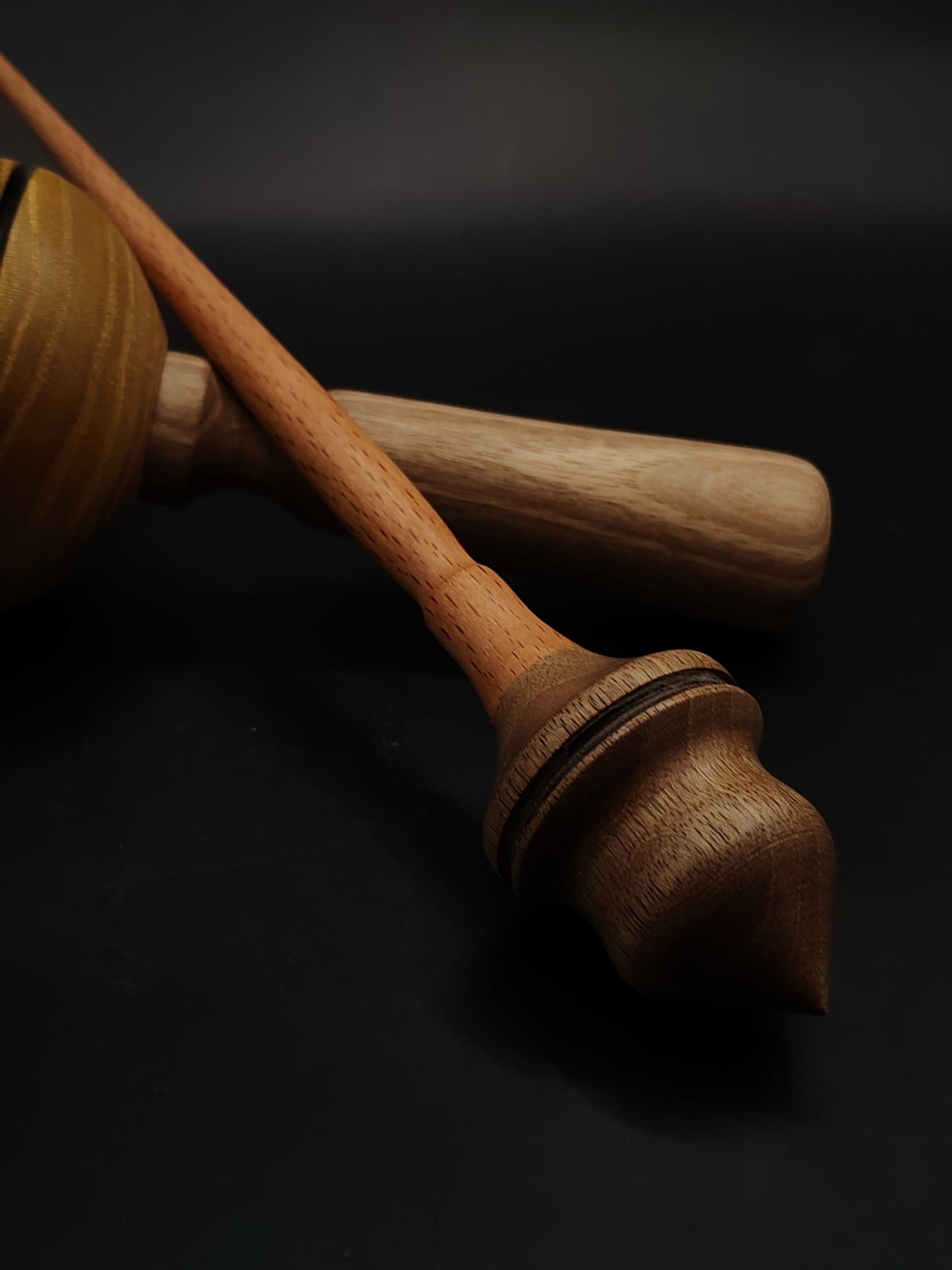 Support Spindle Set – Beech Shaft & Walnut Whorl (24.5 cm / 24 g) + Mulberry-Walnut Lap Bowl | Yarn Spinning Tool