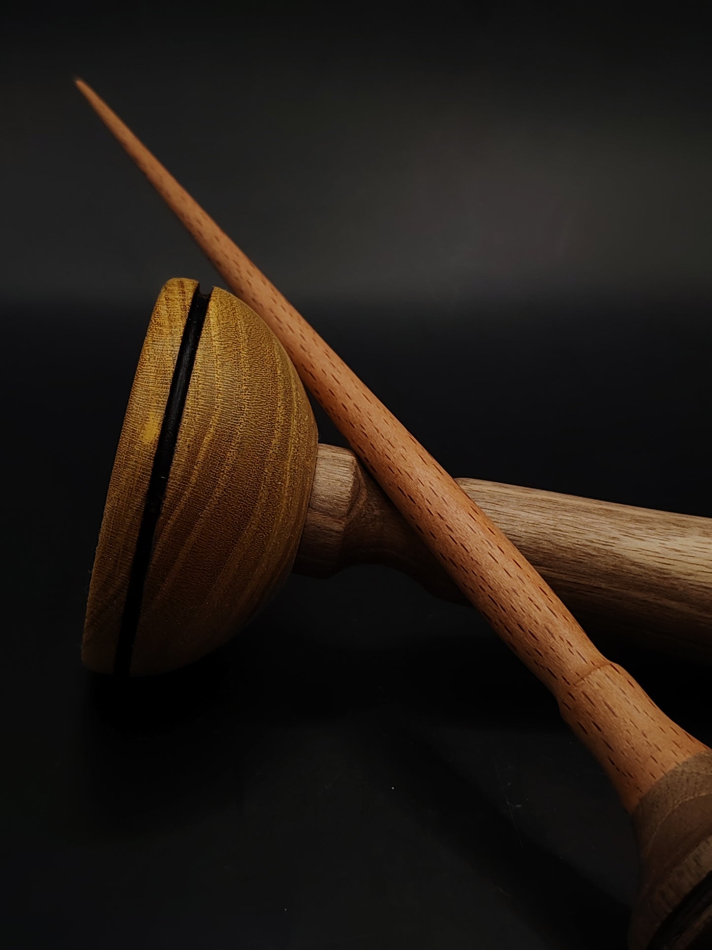 Support Spindle Set – Beech Shaft & Walnut Whorl (24.5 cm / 24 g) + Mulberry-Walnut Lap Bowl | Yarn Spinning Tool