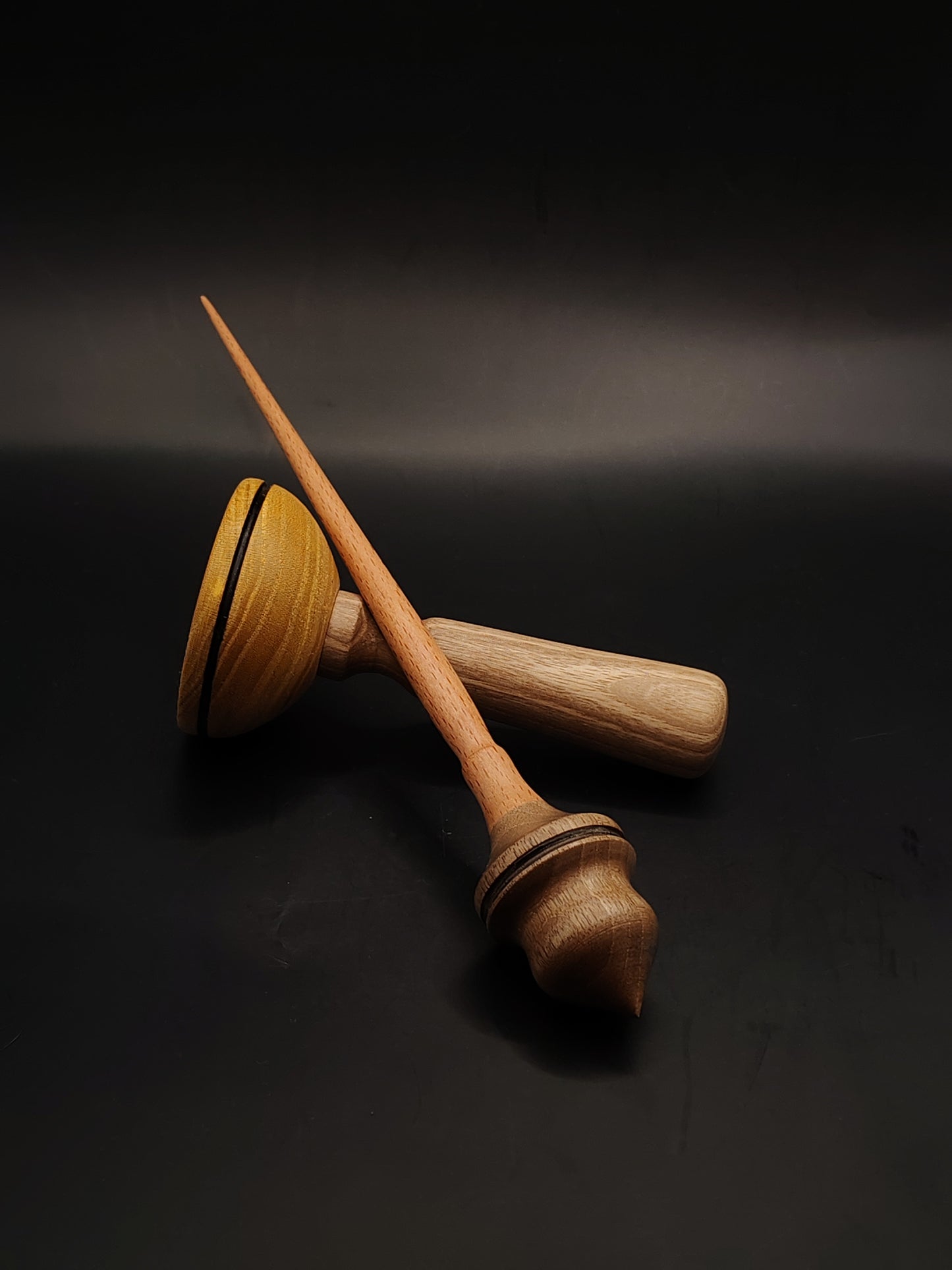 Support Spindle Set – Beech Shaft & Walnut Whorl (24.5 cm / 24 g) + Mulberry-Walnut Lap Bowl | Yarn Spinning Tool