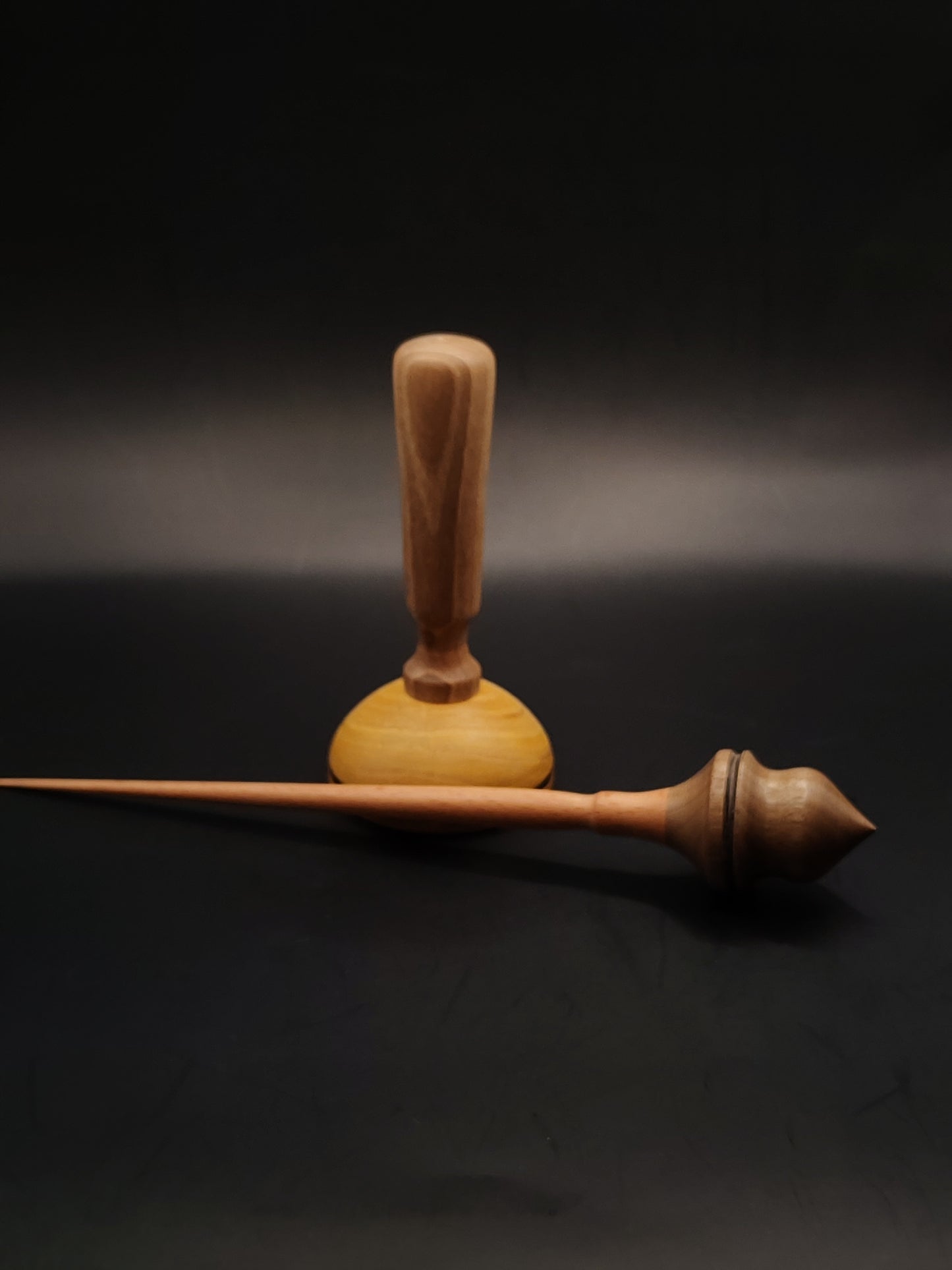 Support Spindle Set – Beech Shaft & Walnut Whorl (24.5 cm / 24 g) + Mulberry-Walnut Lap Bowl | Yarn Spinning Tool