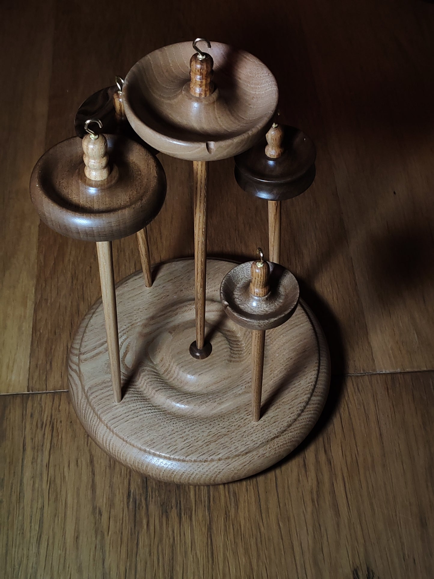 Chestnut & Walnut Drop Spindle Set – 5 Handcrafted Spindles + Matching Stand | Full Weight Range | Organic Wax Finish | by Kravelli
