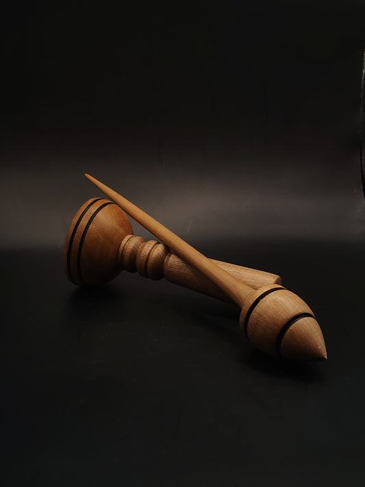 Support Spindle Set: Plum Shaft & Beech Whorl (25.5 cm / 10.03 in, 25 g / 0.88 oz) with Walnut & Oak Lap Support Bowl – Metal-Tipped Whorl