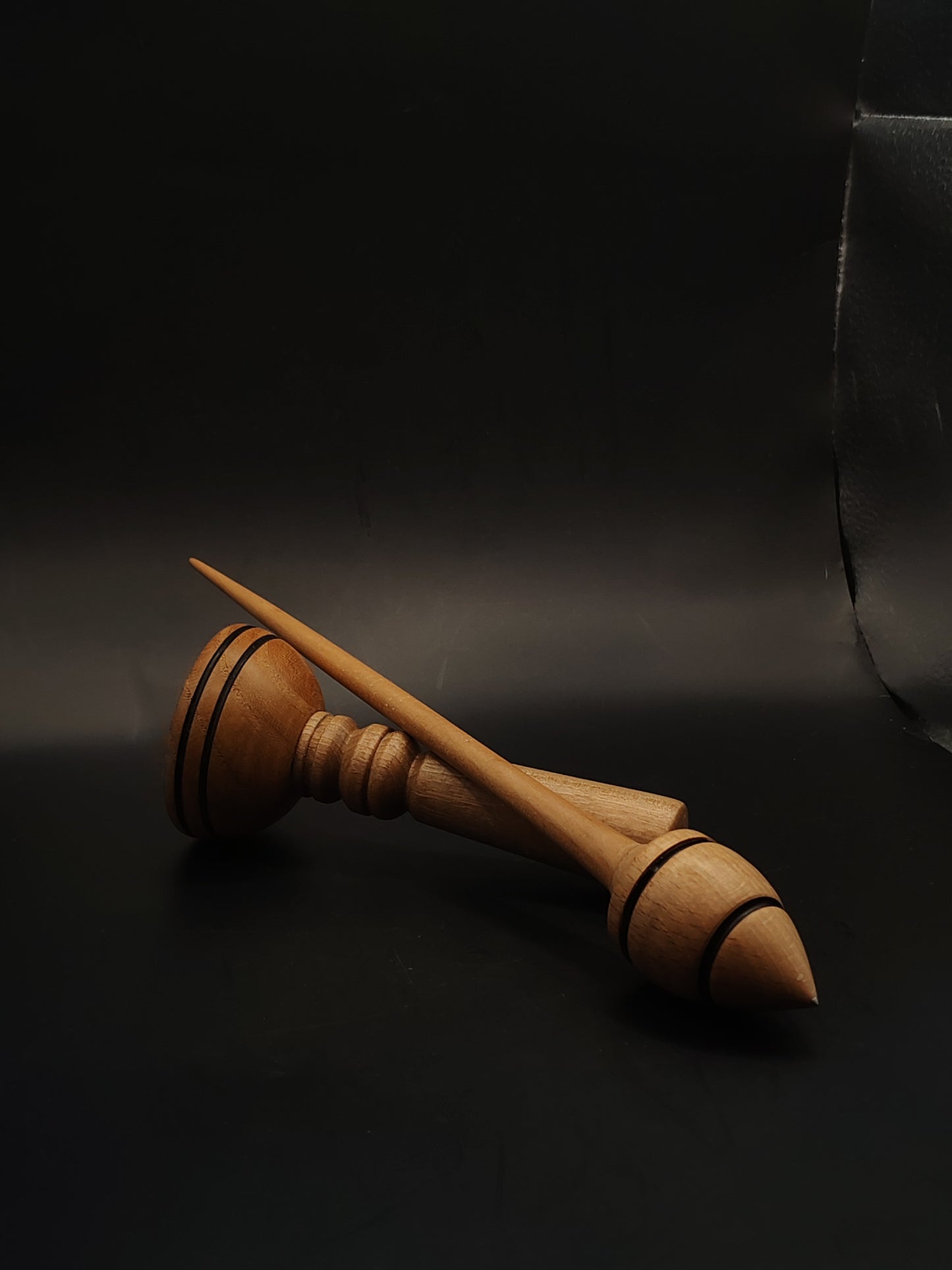 Support Spindle Set: Plum Shaft & Beech Whorl (25.5 cm / 10.03 in, 25 g / 0.88 oz) with Walnut & Oak Lap Support Bowl – Metal-Tipped Whorl