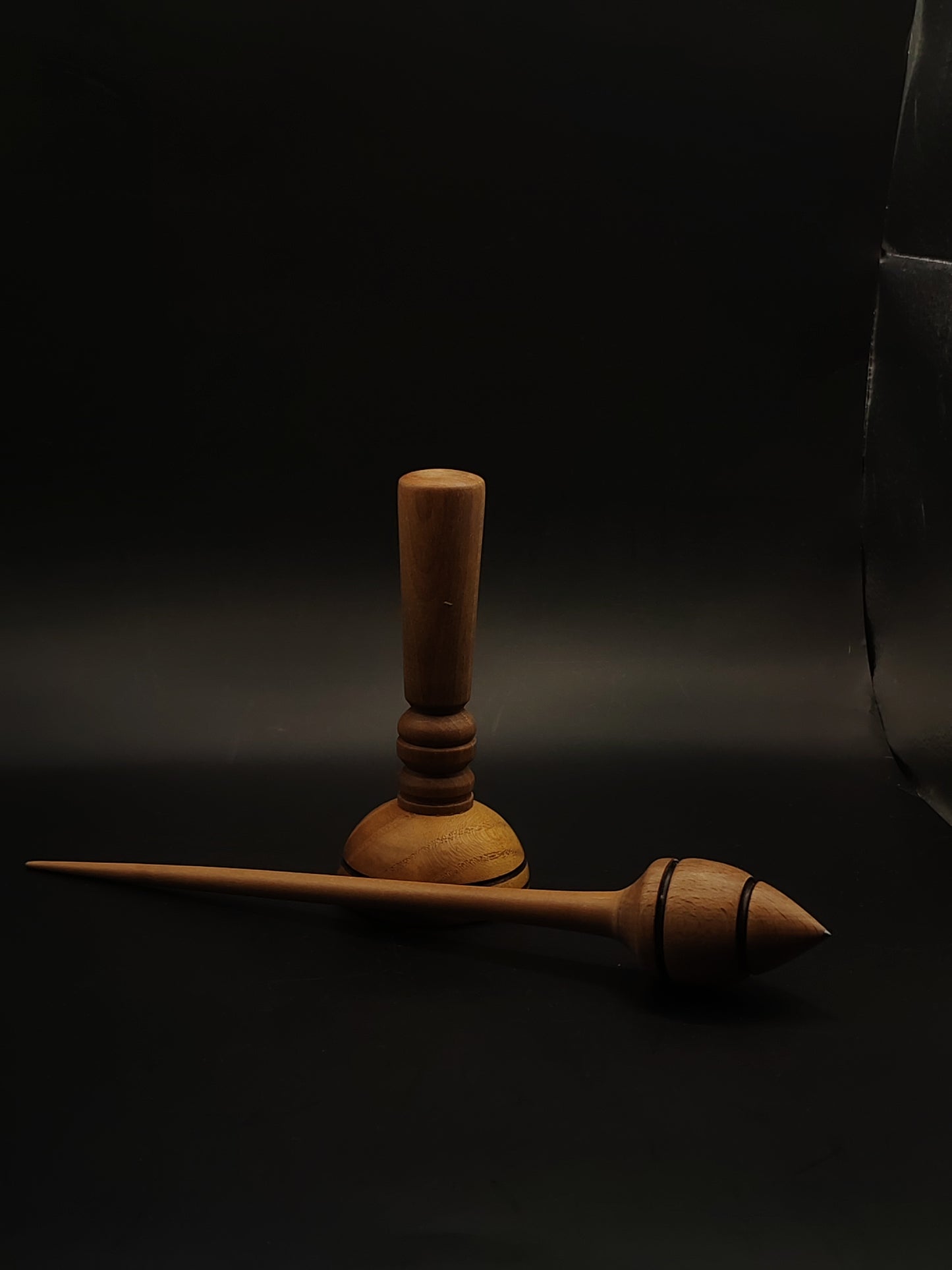 Support Spindle Set: Plum Shaft & Beech Whorl (25.5 cm / 10.03 in, 25 g / 0.88 oz) with Walnut & Oak Lap Support Bowl – Metal-Tipped Whorl