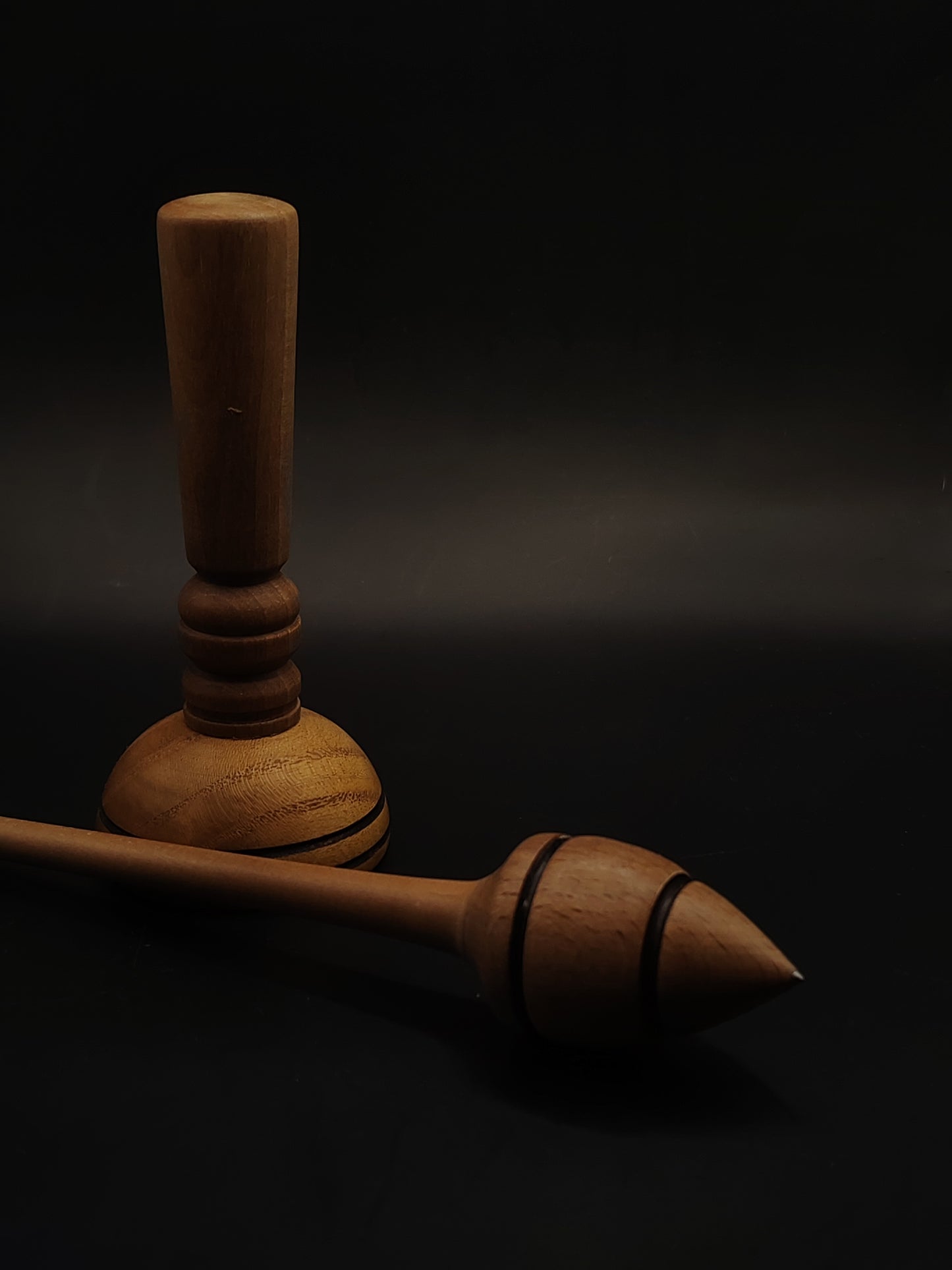 Support Spindle Set: Plum Shaft & Beech Whorl (25.5 cm / 10.03 in, 25 g / 0.88 oz) with Walnut & Oak Lap Support Bowl – Metal-Tipped Whorl