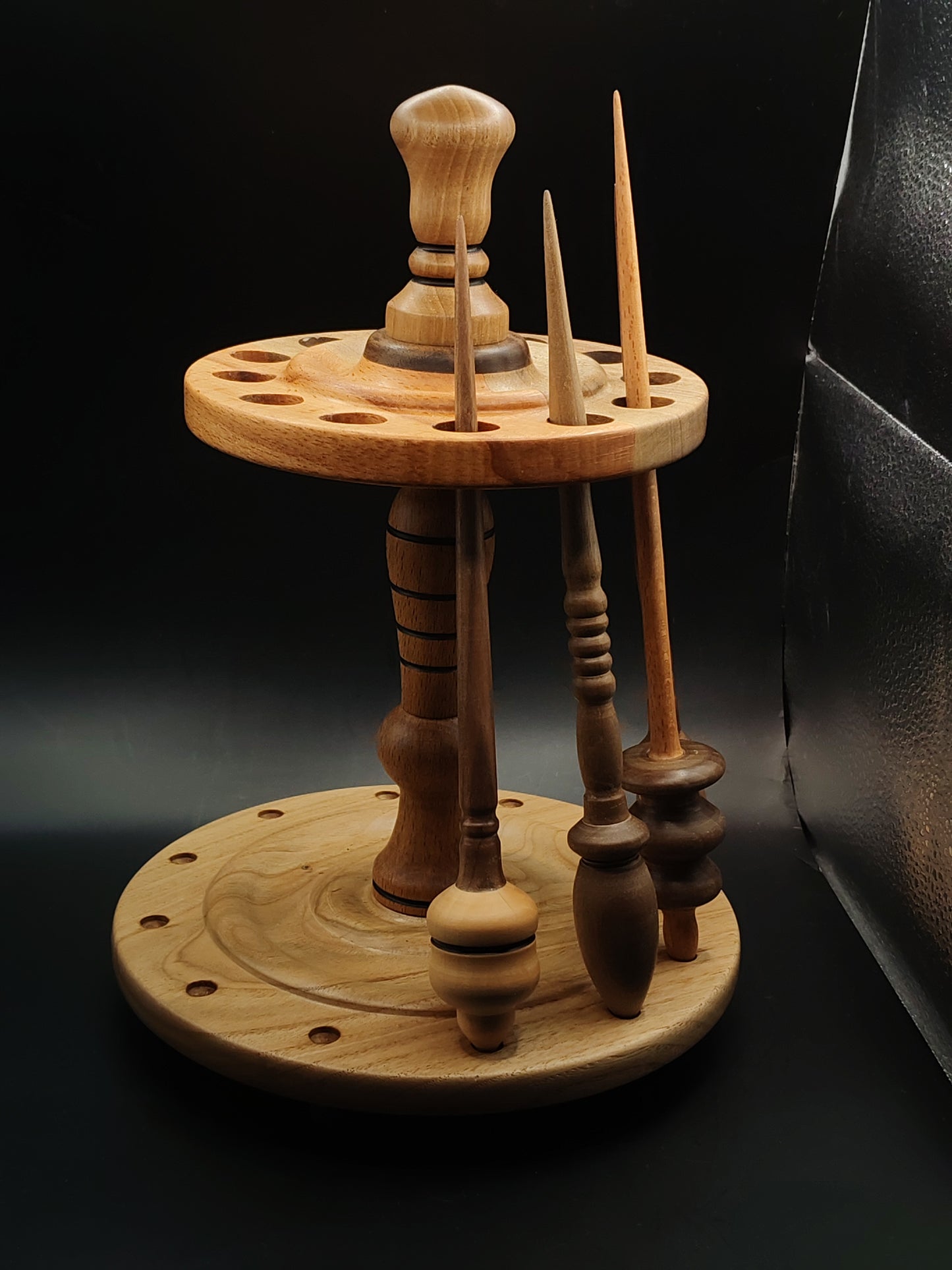 12-Spindle Stand – Non-Rotating Display Rack for Drop & Support Spindles | Chestnut, Beech & Walnut Wood | Handcrafted by Kravelli