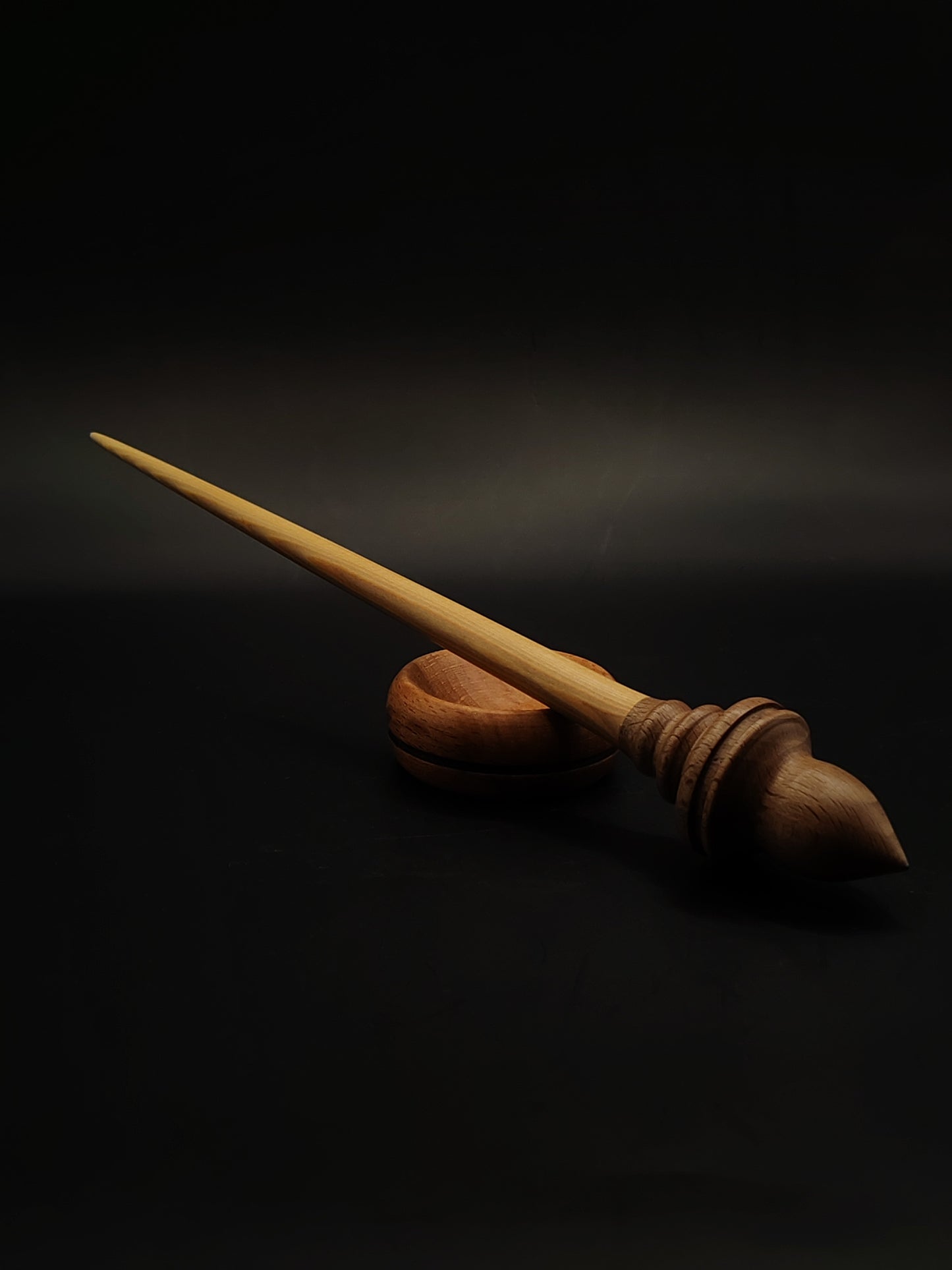 Support Spindle – Walnut Whorl & Larch Shaft (27 cm, 26 g) with Beech Bowl | Hand-Turned Spinning Tool | Kravelli