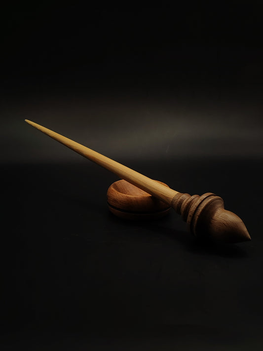 Support Spindle – Walnut Whorl & Larch Shaft (27 cm, 26 g) with Beech Bowl | Hand-Turned Spinning Tool | Kravelli