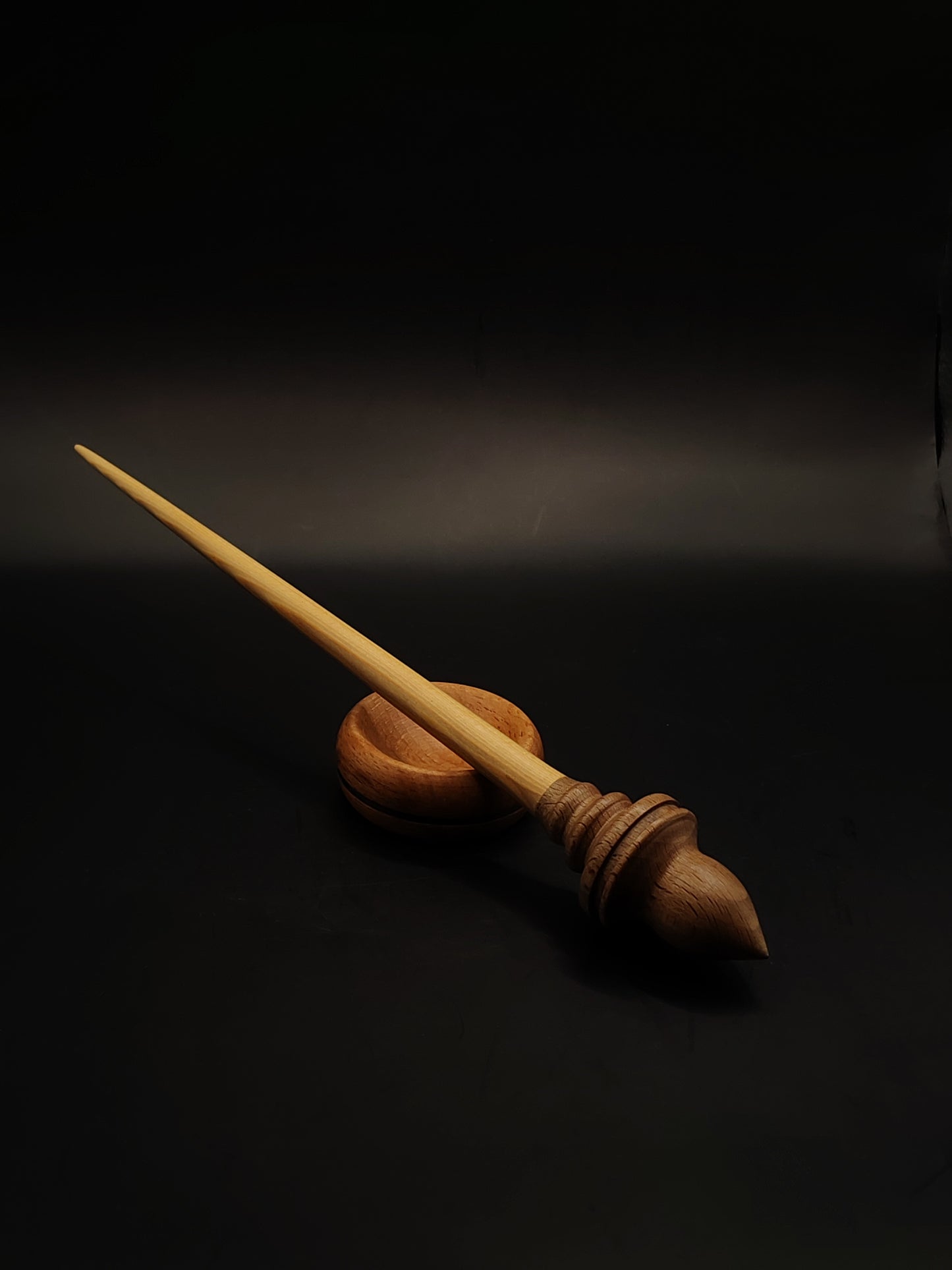 Support Spindle – Walnut Whorl & Larch Shaft (27 cm, 26 g) with Beech Bowl | Hand-Turned Spinning Tool | Kravelli