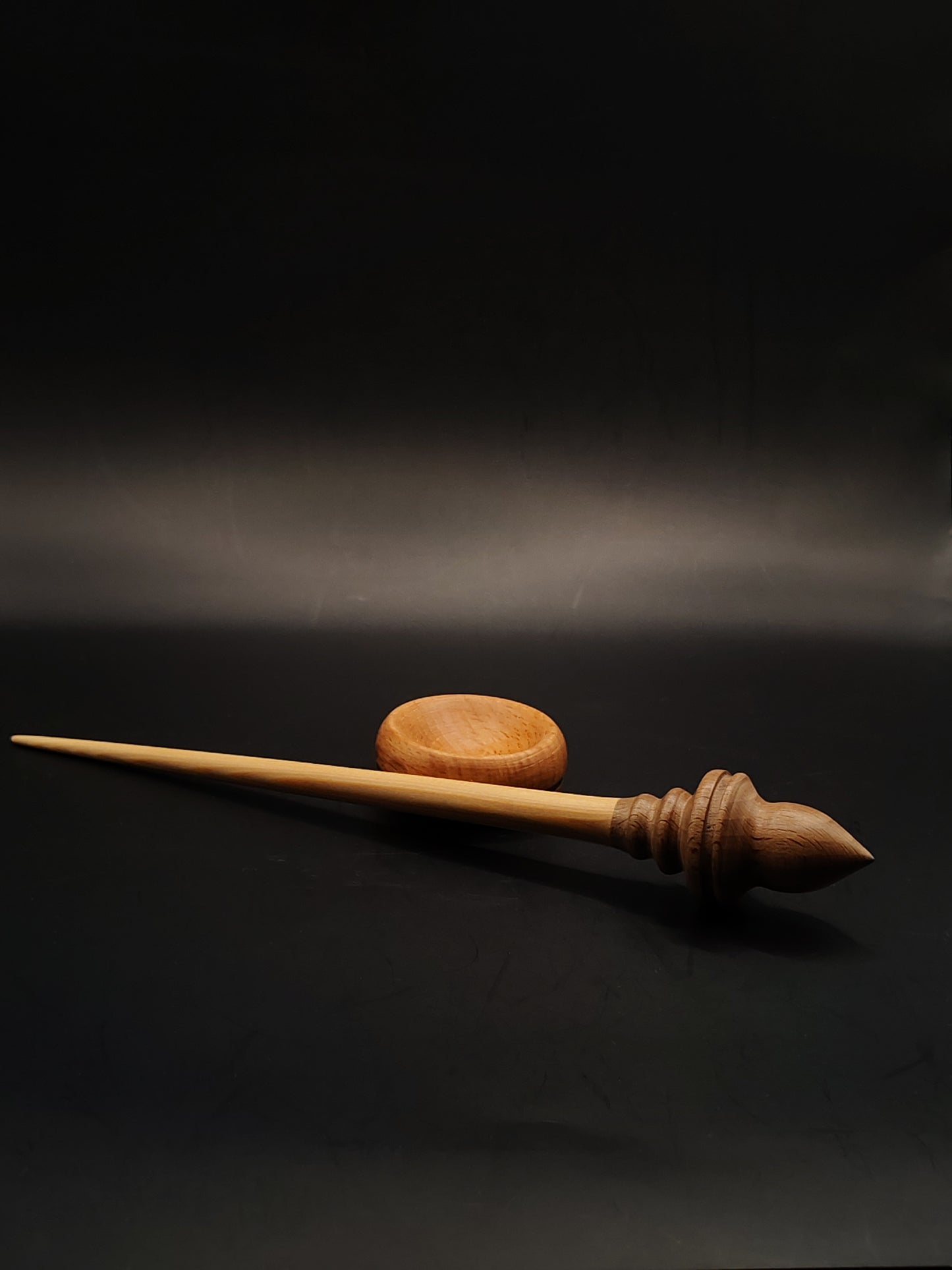 Support Spindle – Walnut Whorl & Larch Shaft (27 cm, 26 g) with Beech Bowl | Hand-Turned Spinning Tool | Kravelli