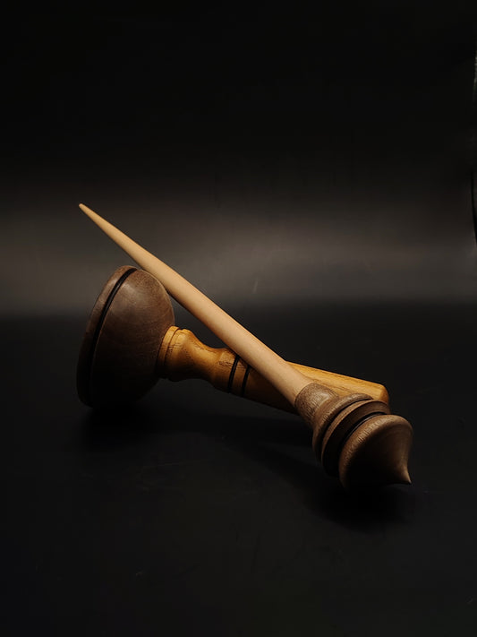 Support Spindle – Walnut Whorl & Pear Shaft (26 cm, 27 g) with Mulberry & Walnut Lap Bowl | Artisan Yarn Spinner | Kravelli