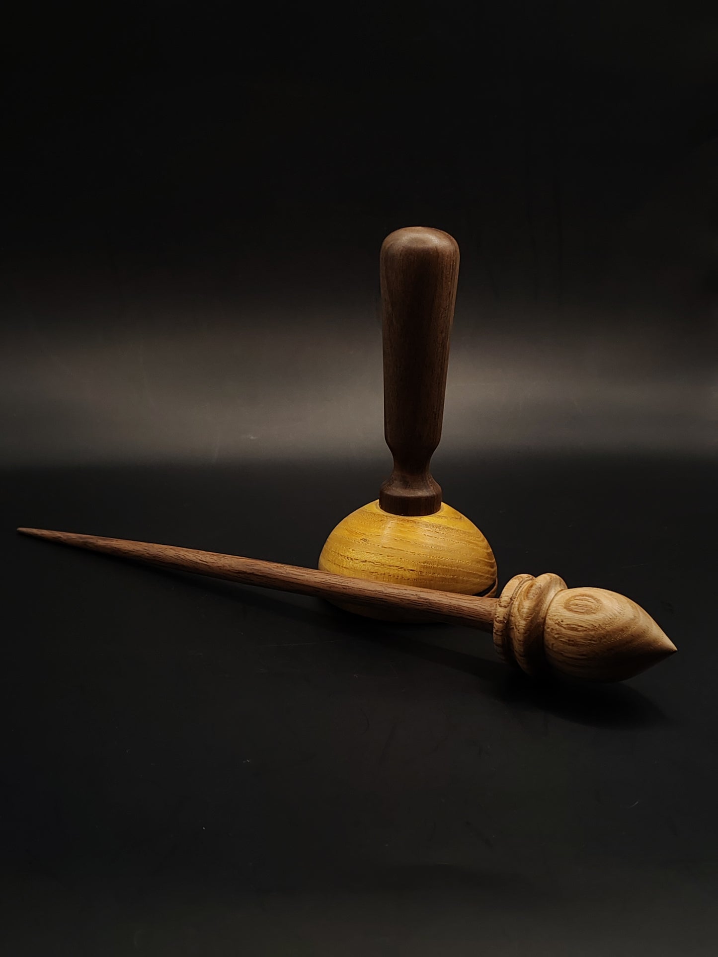 Support Spindle – Chestnut Whorl & Walnut Shaft (27.5 cm, 24 g) with Walnut & Mulberry Lap Bowl | Handcrafted for Yarn Spinning | Kravelli